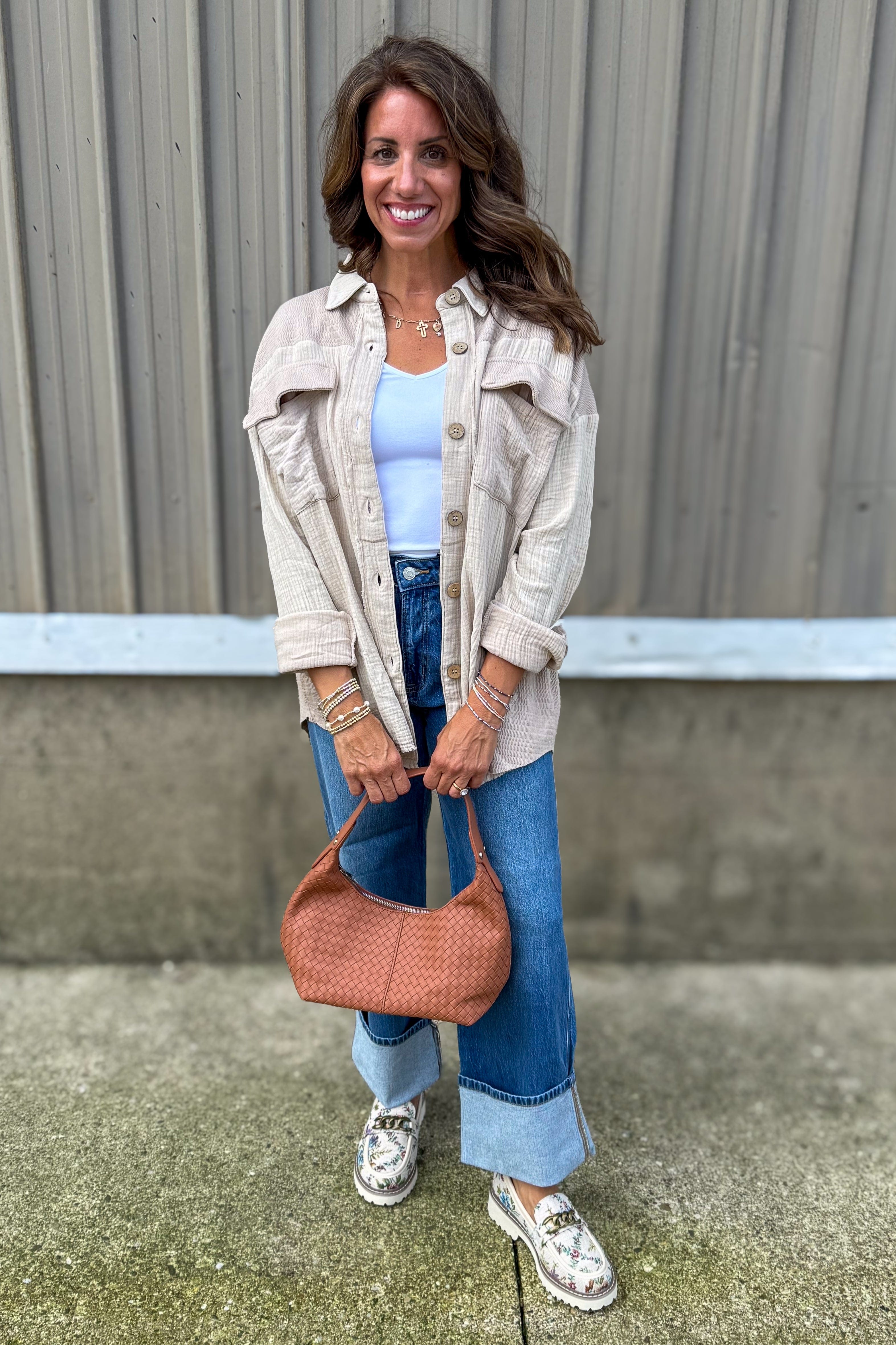 Taupe Textured Raw Hem Button Blouse styled