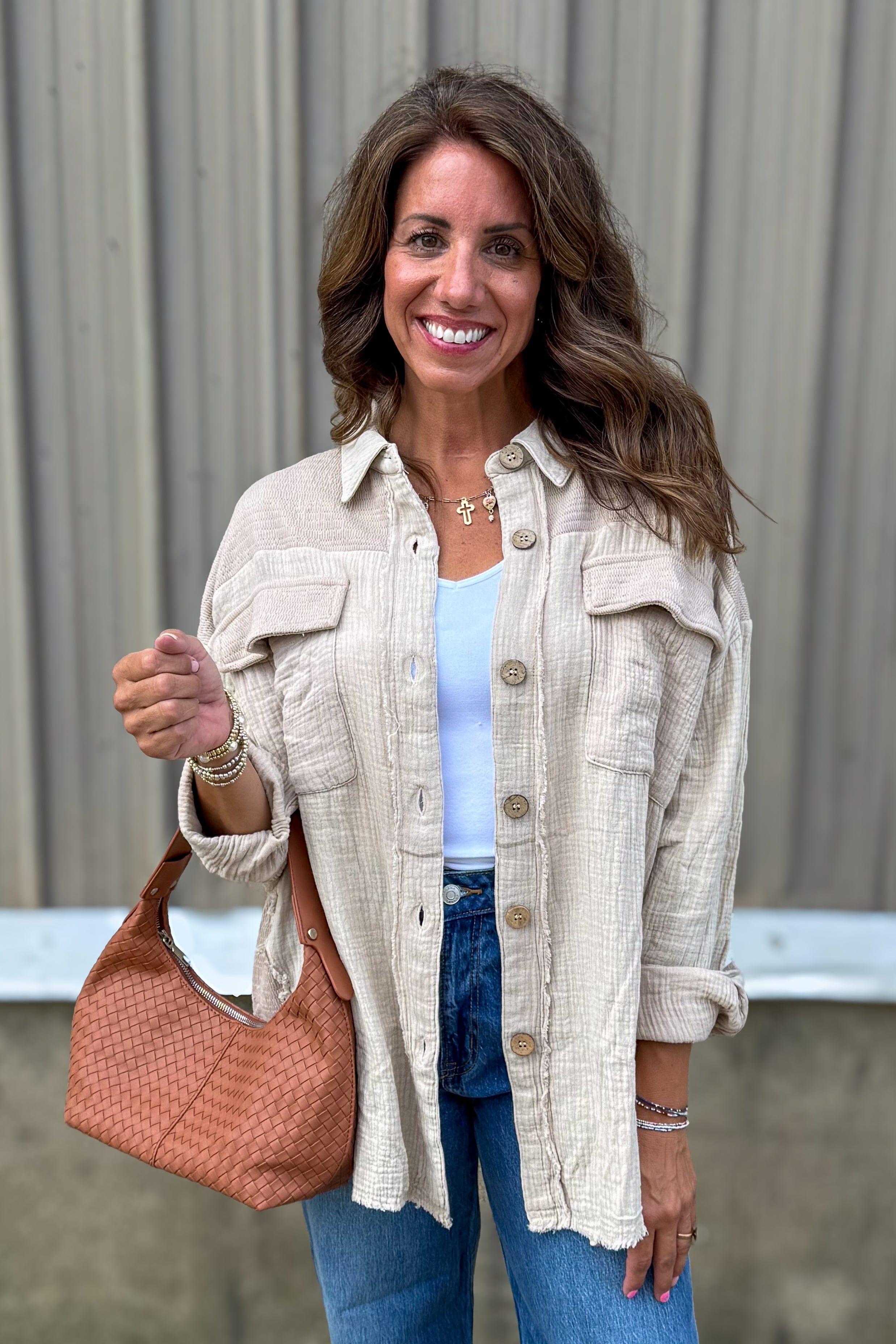 Taupe Textured Raw Hem Button Blouse