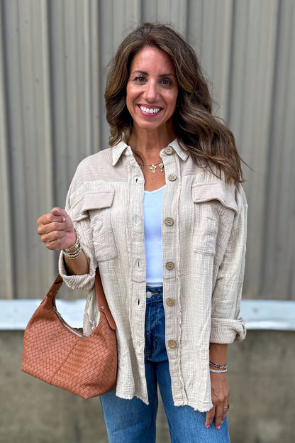 Taupe Textured Raw Hem Button Blouse