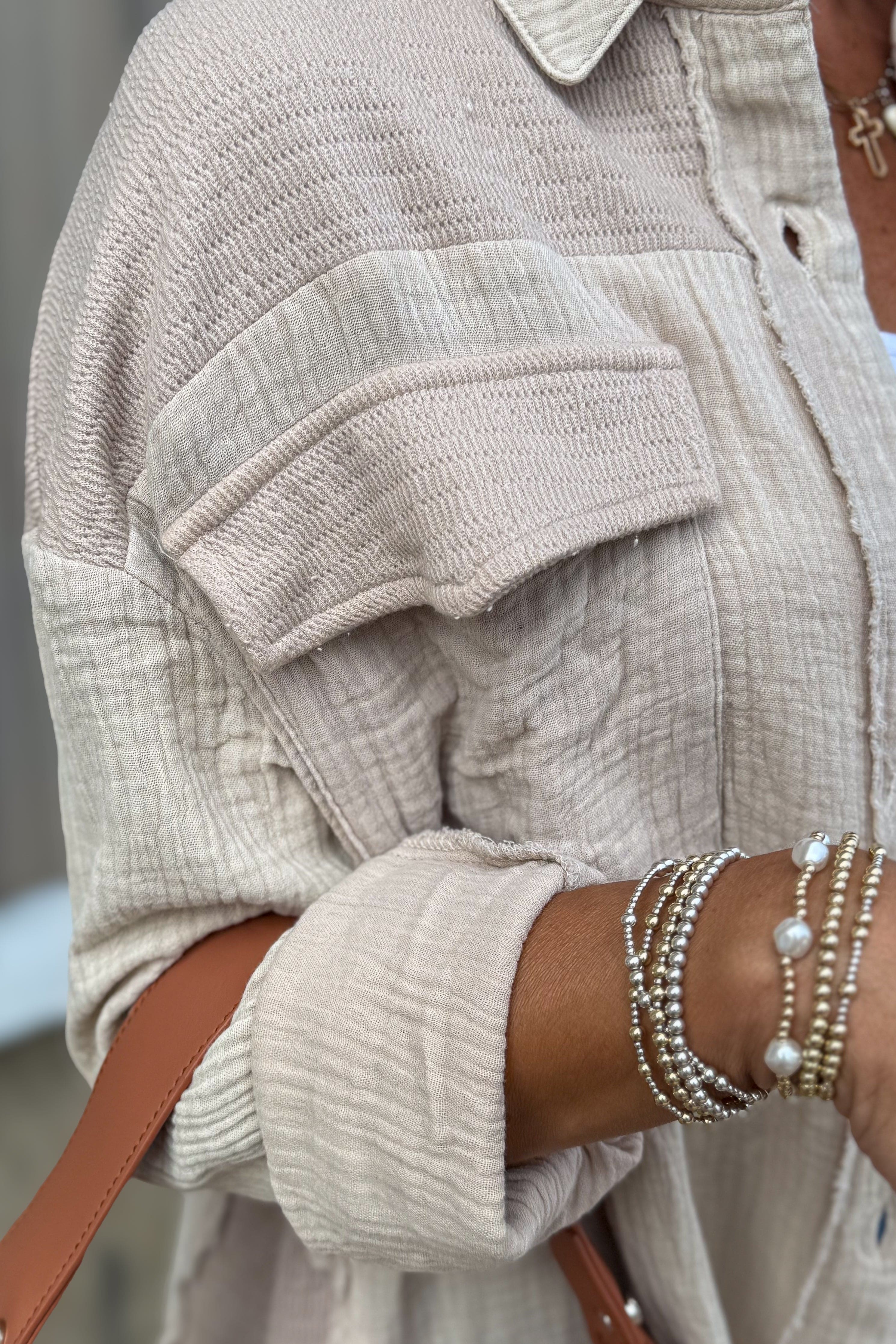 Taupe Textured Raw Hem Button Blouse detail