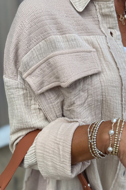Taupe Textured Raw Hem Button Blouse detail