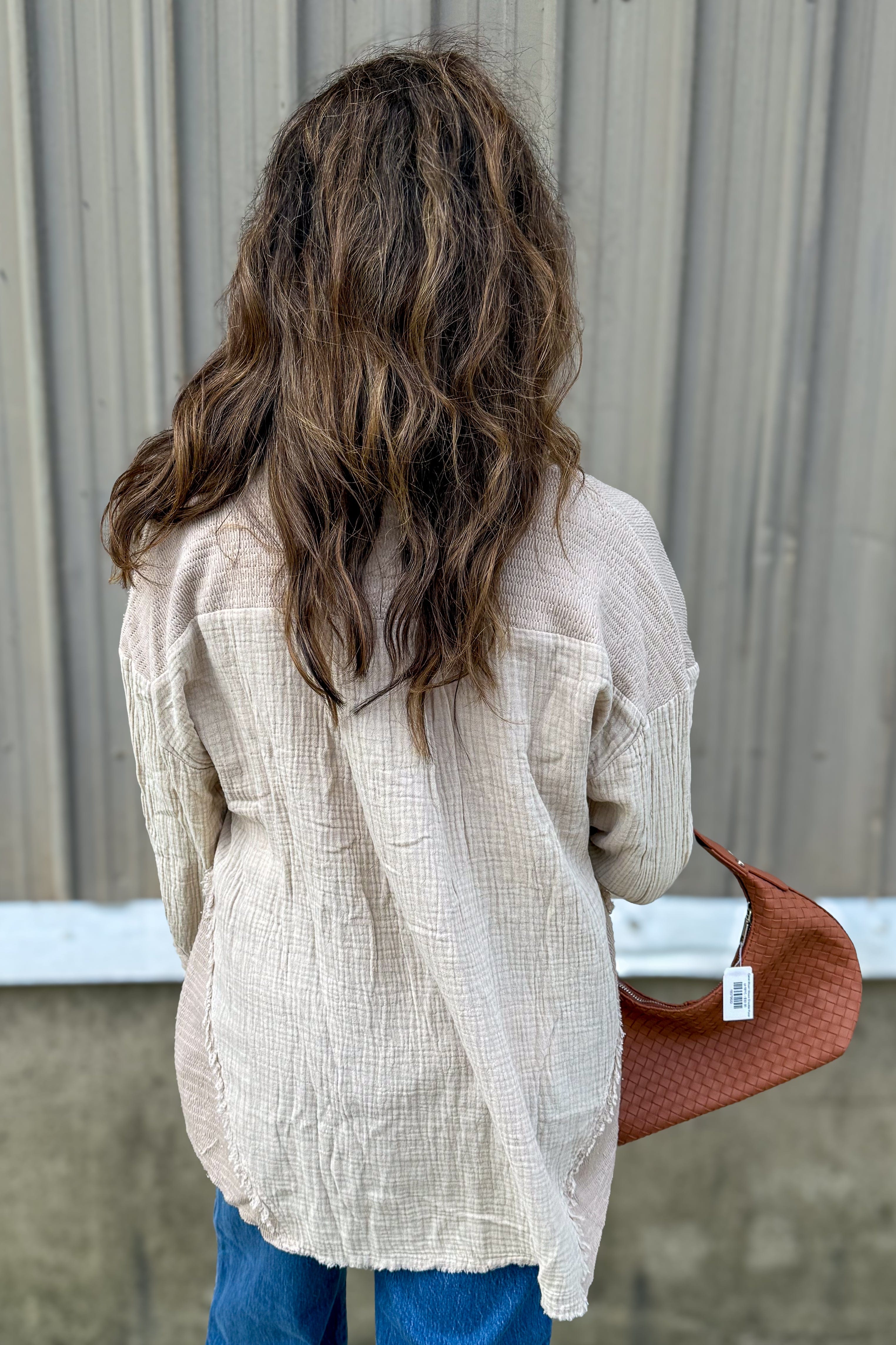 Taupe Textured Raw Hem Button Blouse back