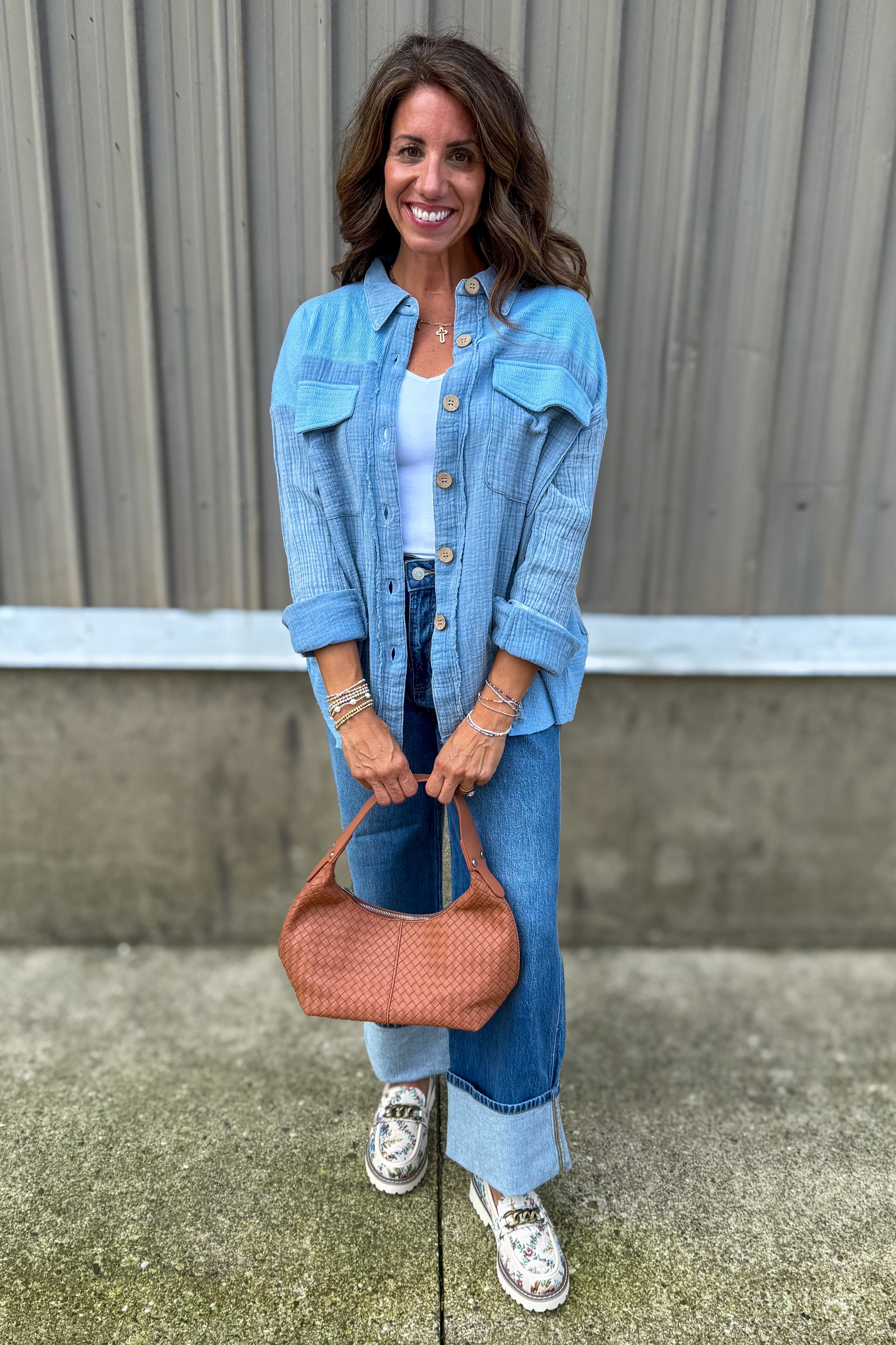 Denim Textured Raw Hem Button Blouse styled