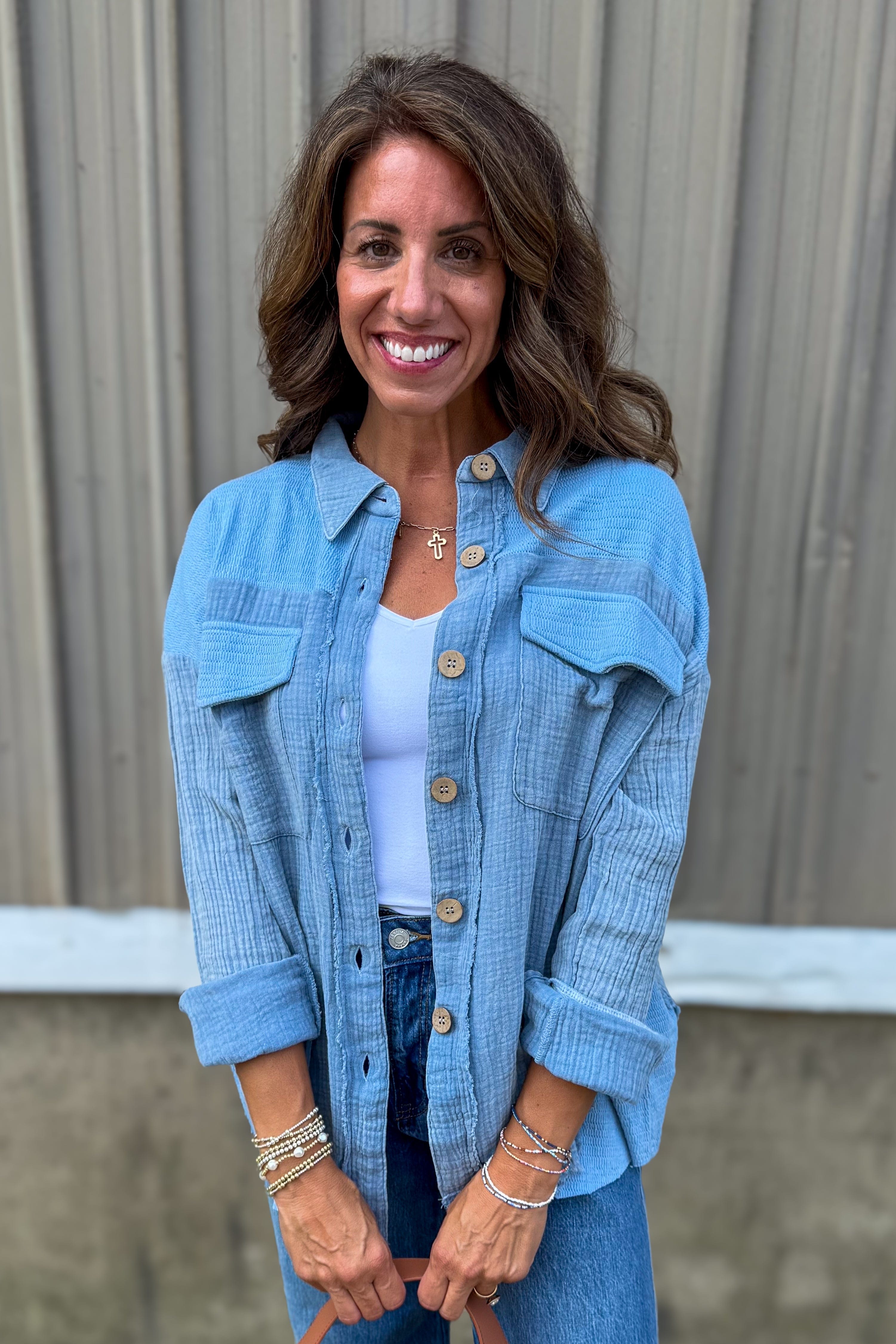 Denim Textured Raw Hem Button Blouse