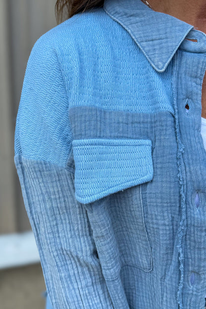 Denim Textured Raw Hem Button Blouse detail