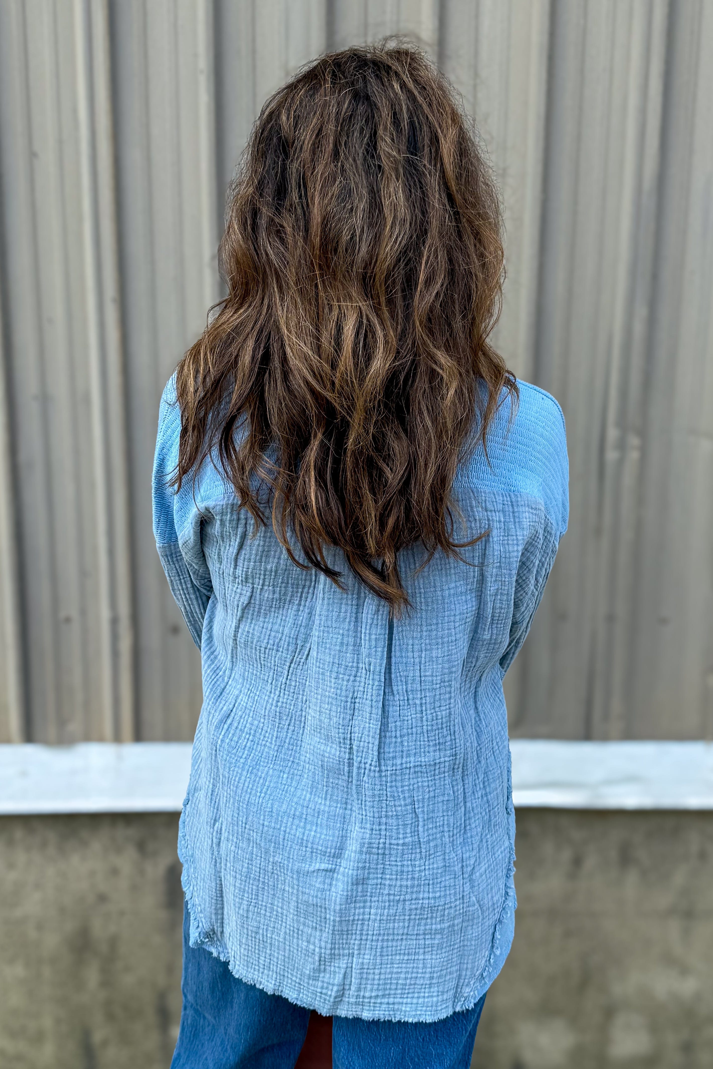 Denim Textured Raw Hem Button Blouse back