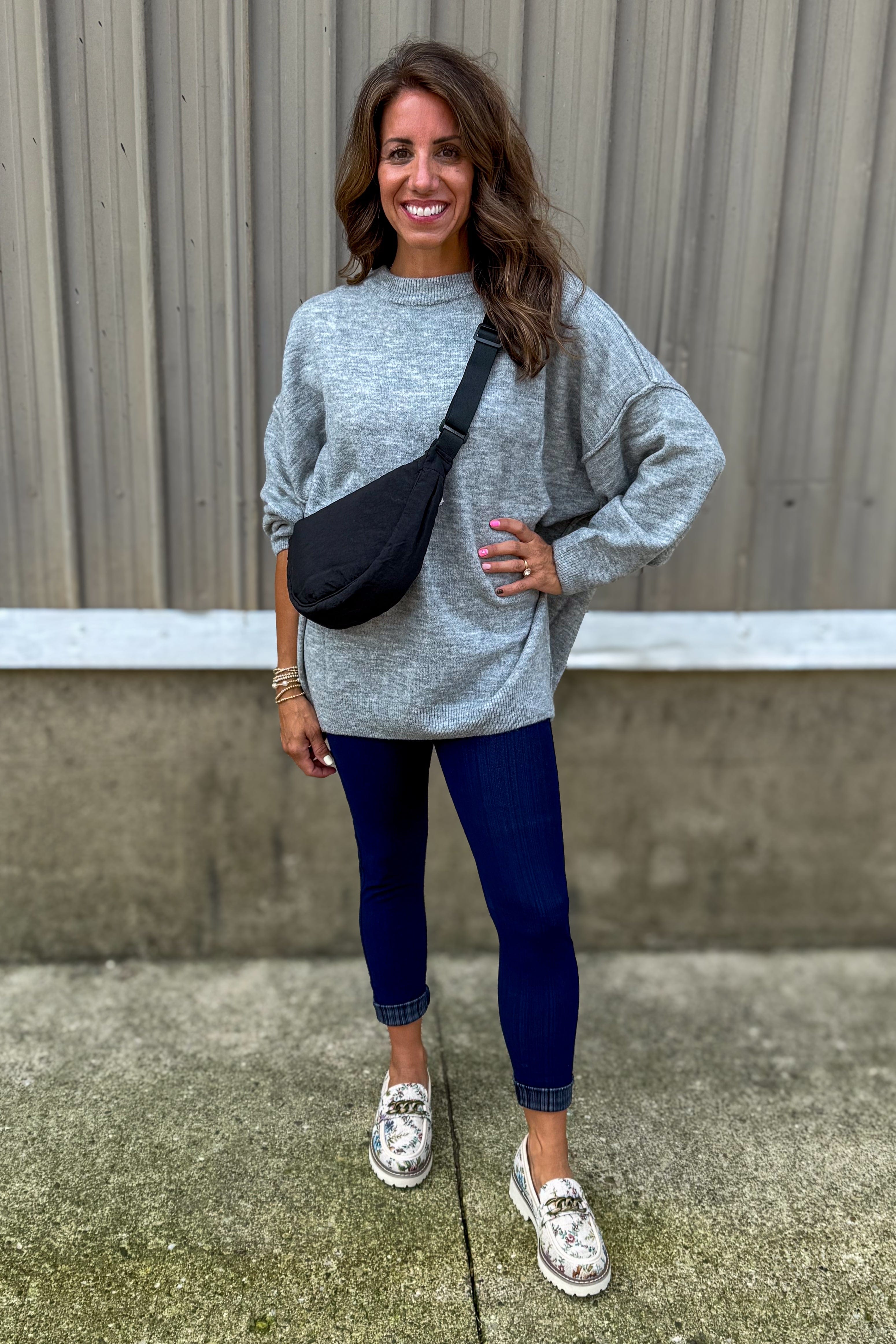 Heather Grey Oversized Raw Seam Sweater styled