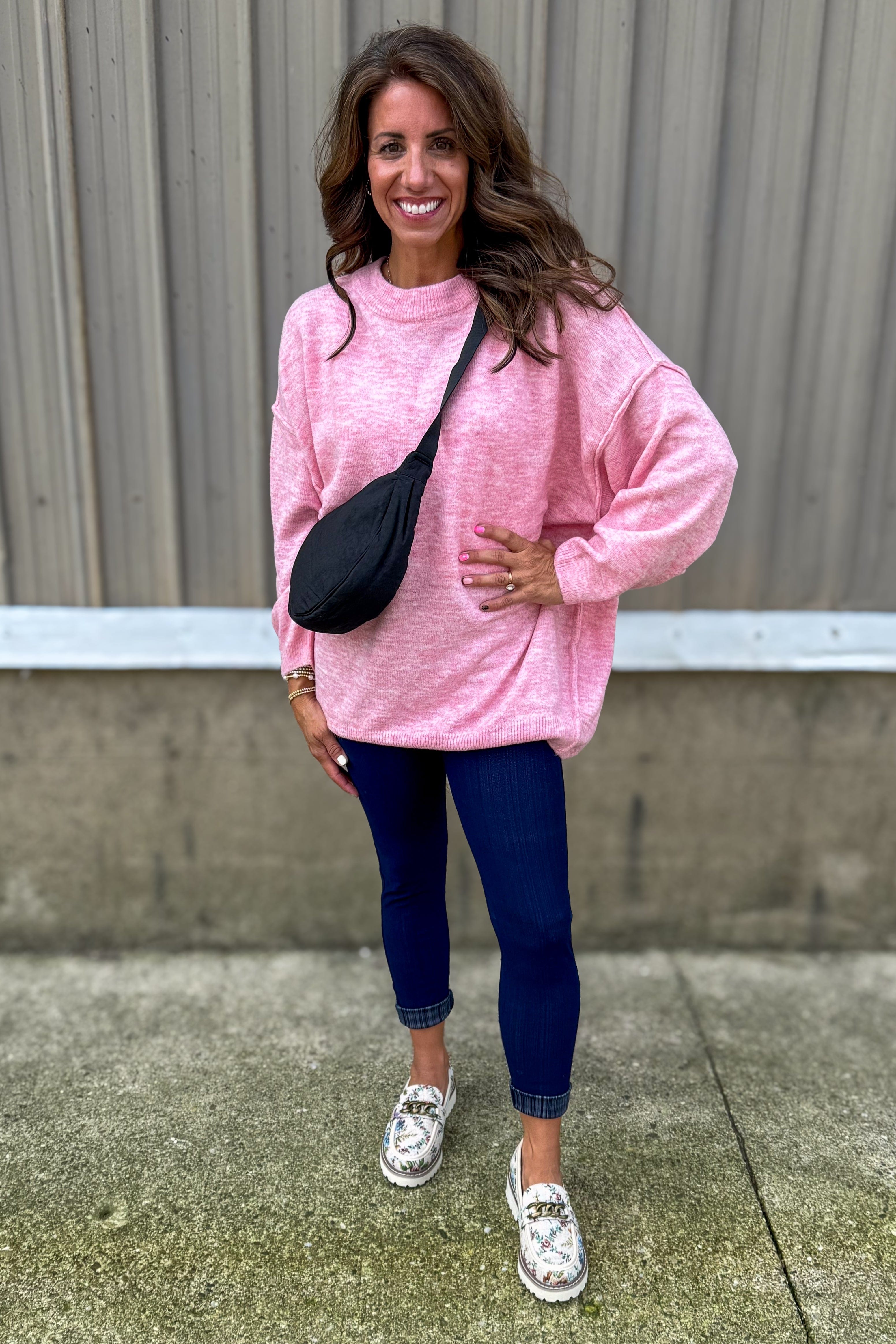 Heather Dark Pink Oversized Raw Seam Sweater styled