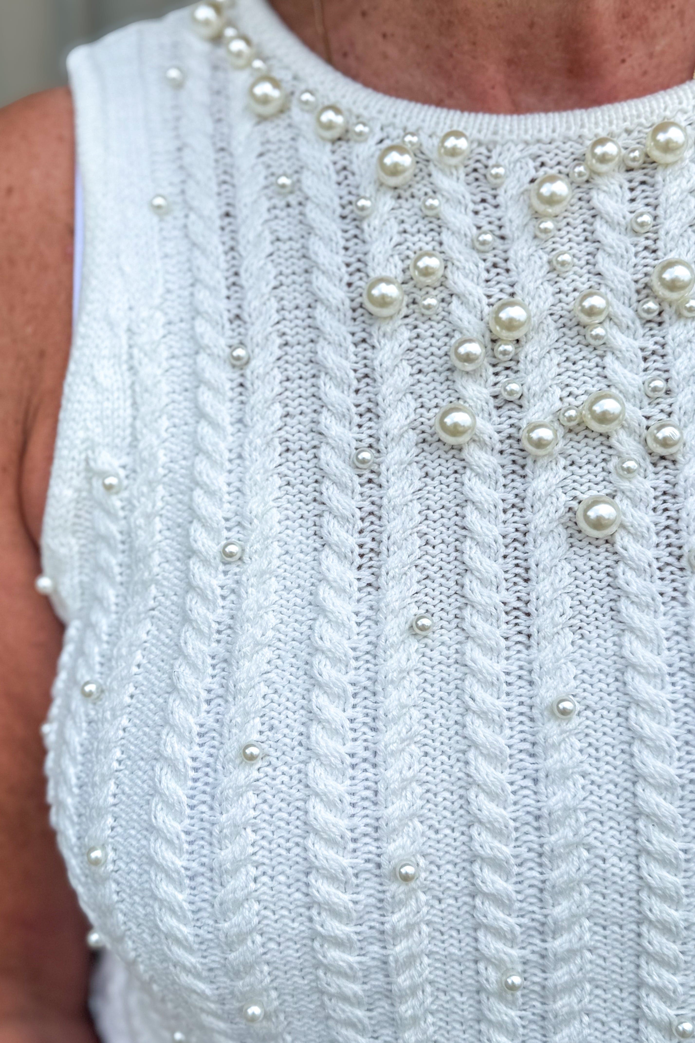 Cream with Pearl Detail Cable Knit Sweater Vest detail