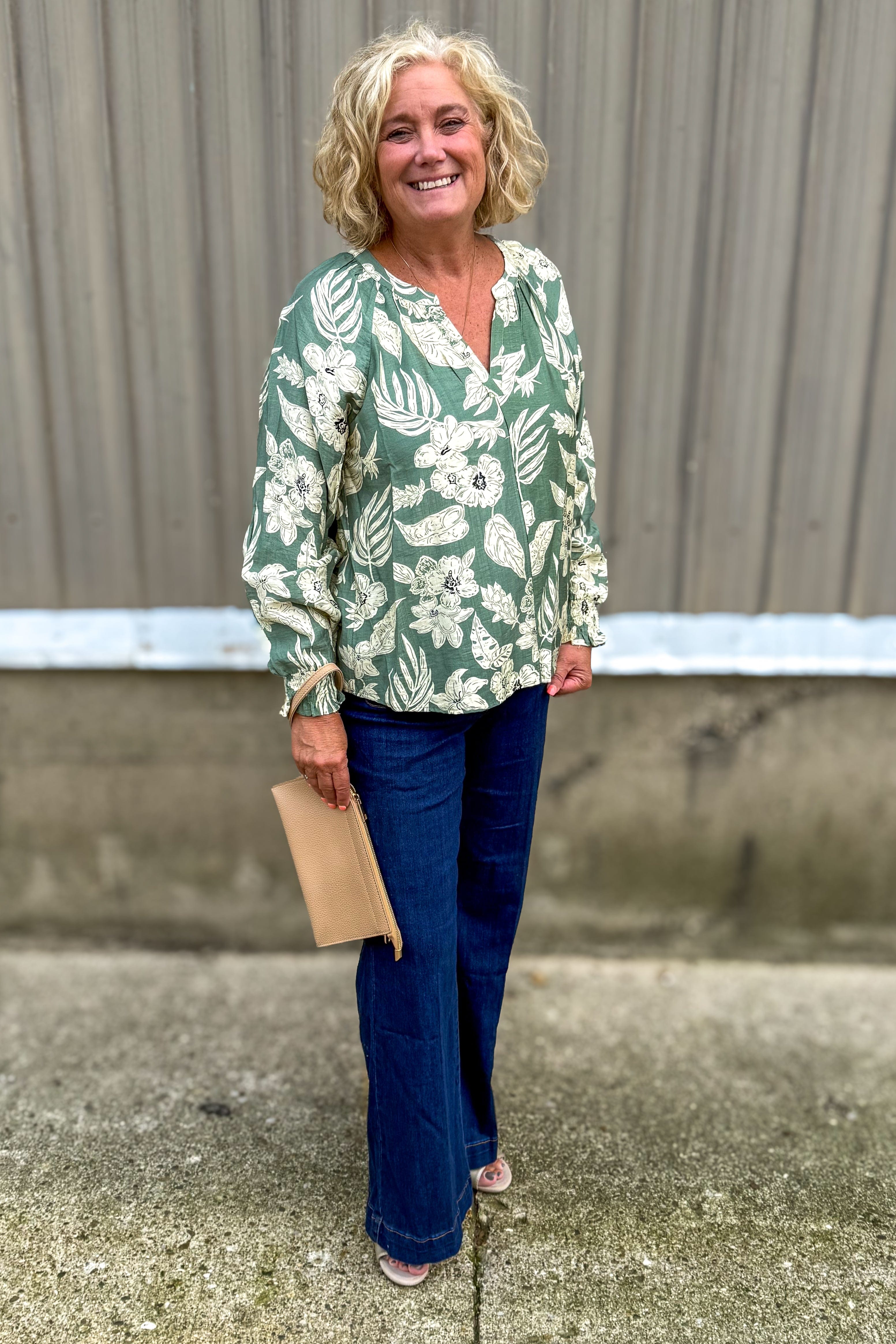 Sage Floral Smocked Sleeve Blouse styled