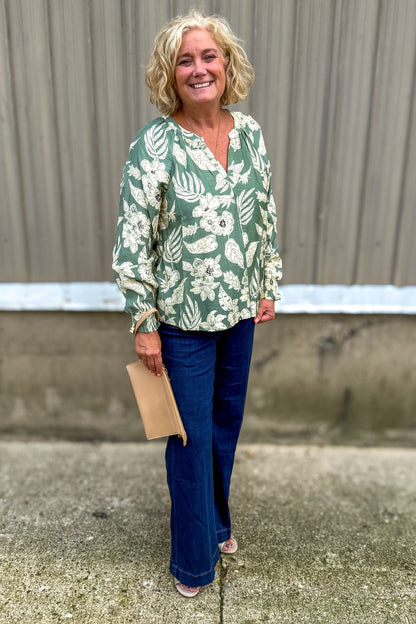 Sage Floral Smocked Sleeve Blouse styled