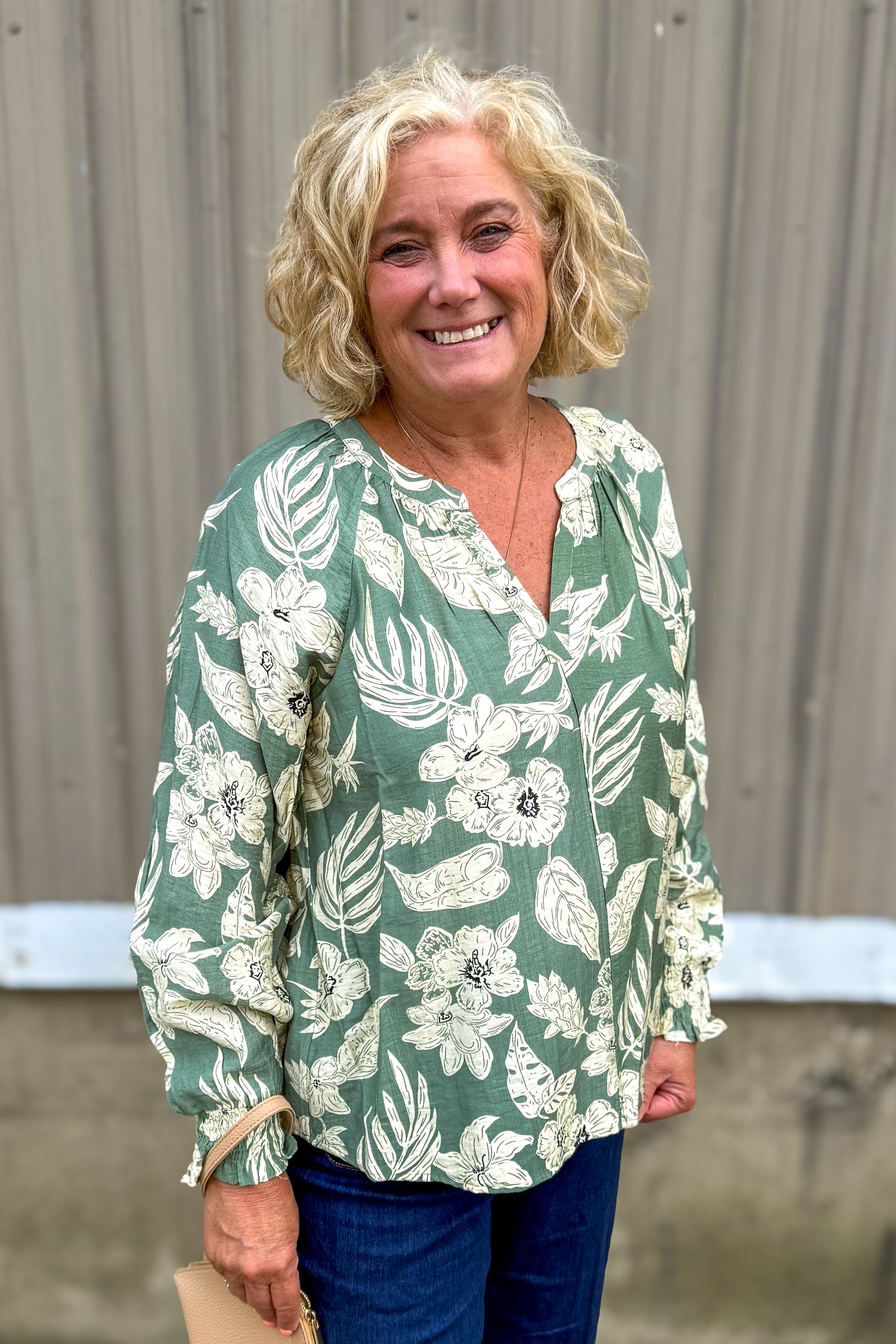 Sage Floral Smocked Sleeve Blouse