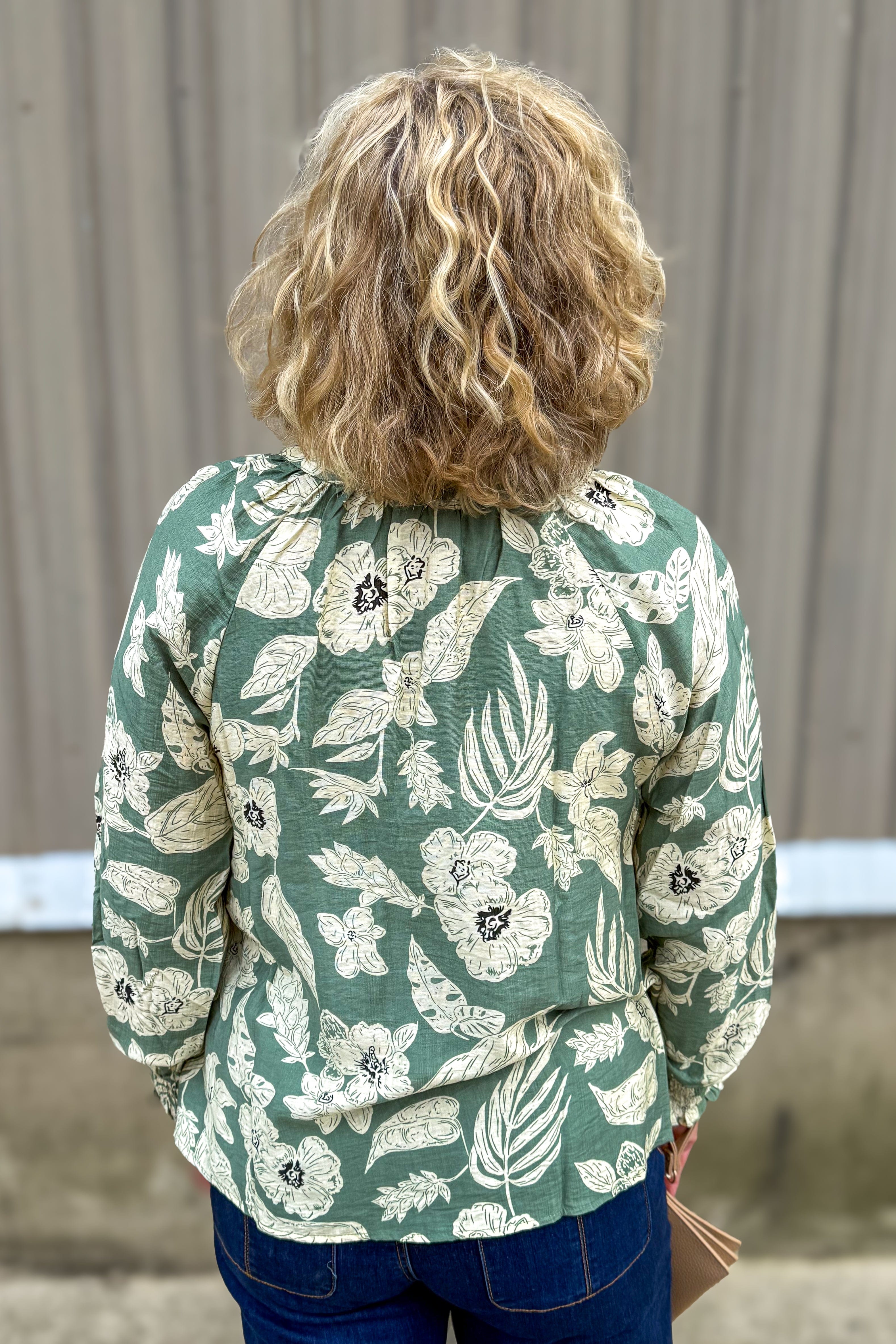 Sage Floral Smocked Sleeve Blouse back