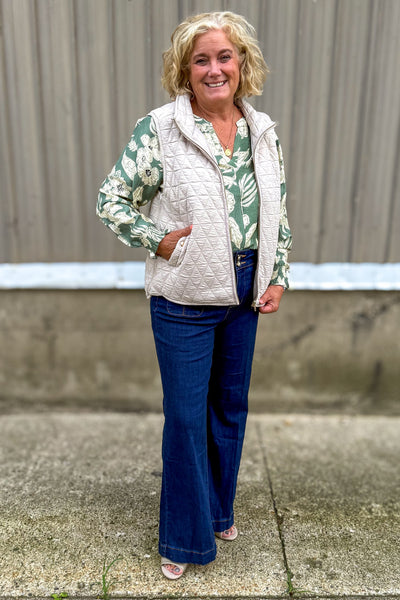 Sage Floral Smocked Sleeve Blouse styled with vest