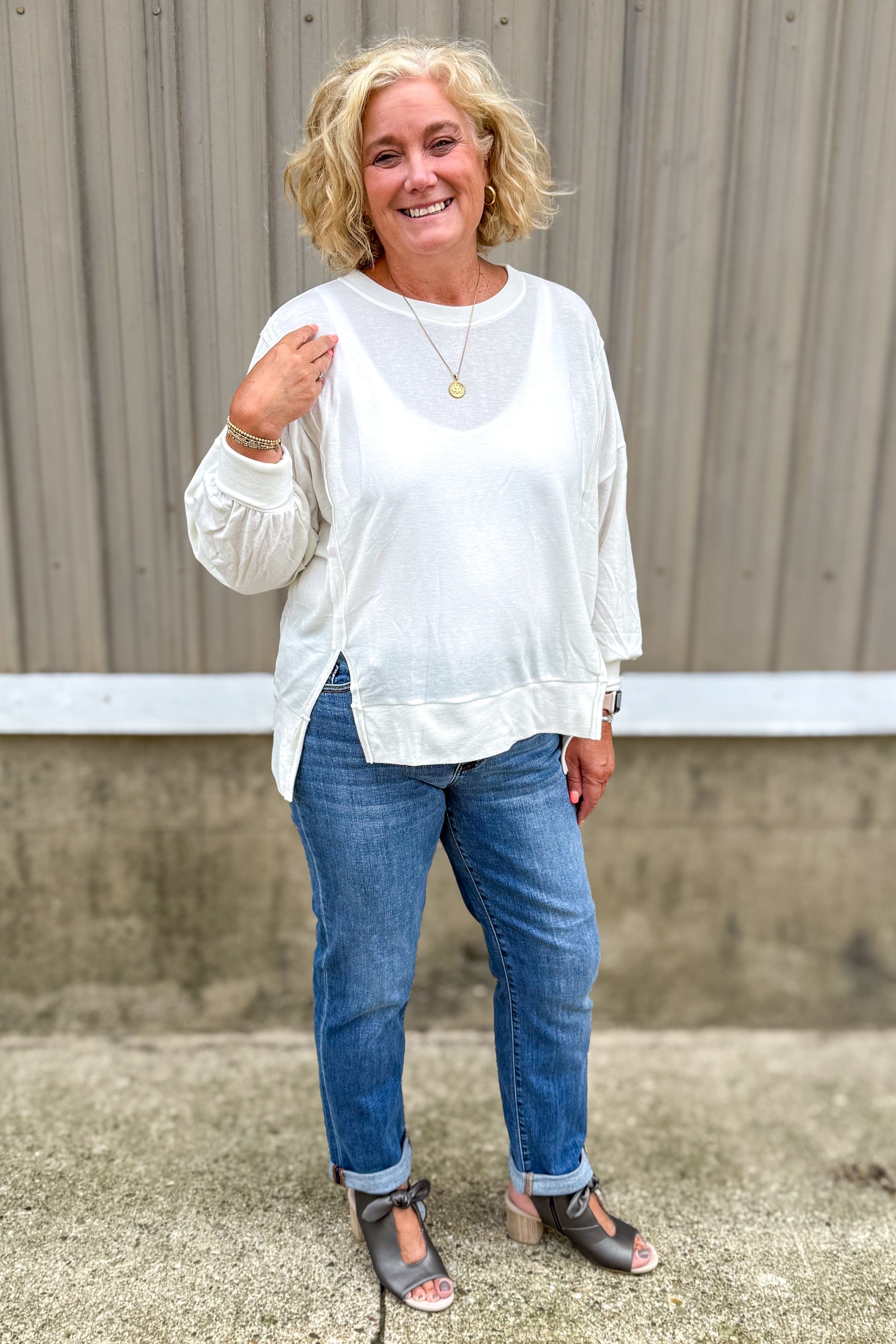 Ivory Long Sleeve High-Low Top styled