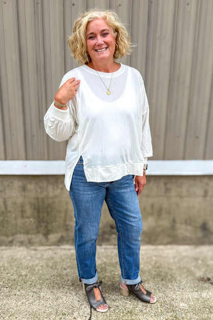 Ivory Long Sleeve High-Low Top styled