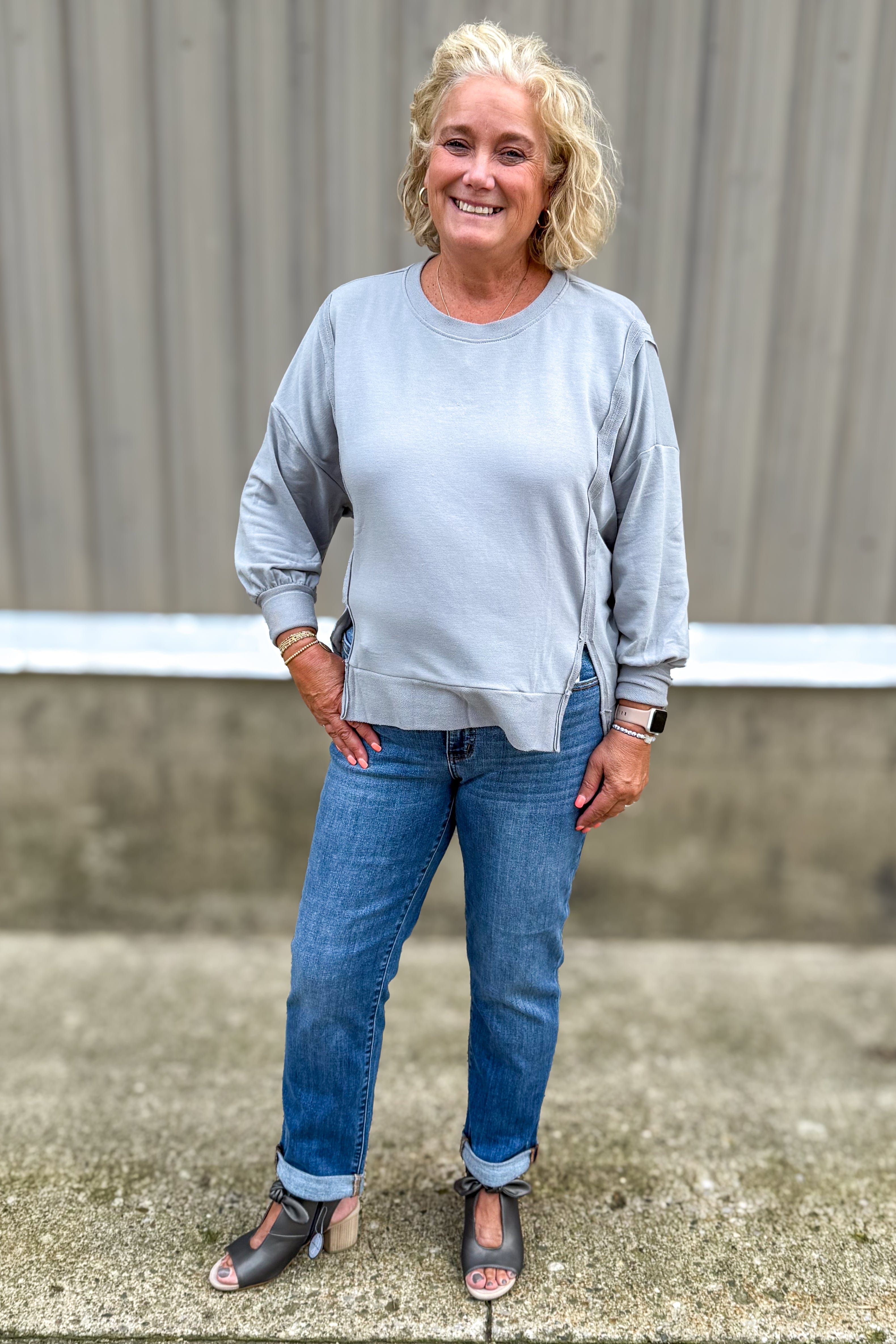 Grey Long Sleeve High-Low Top styled