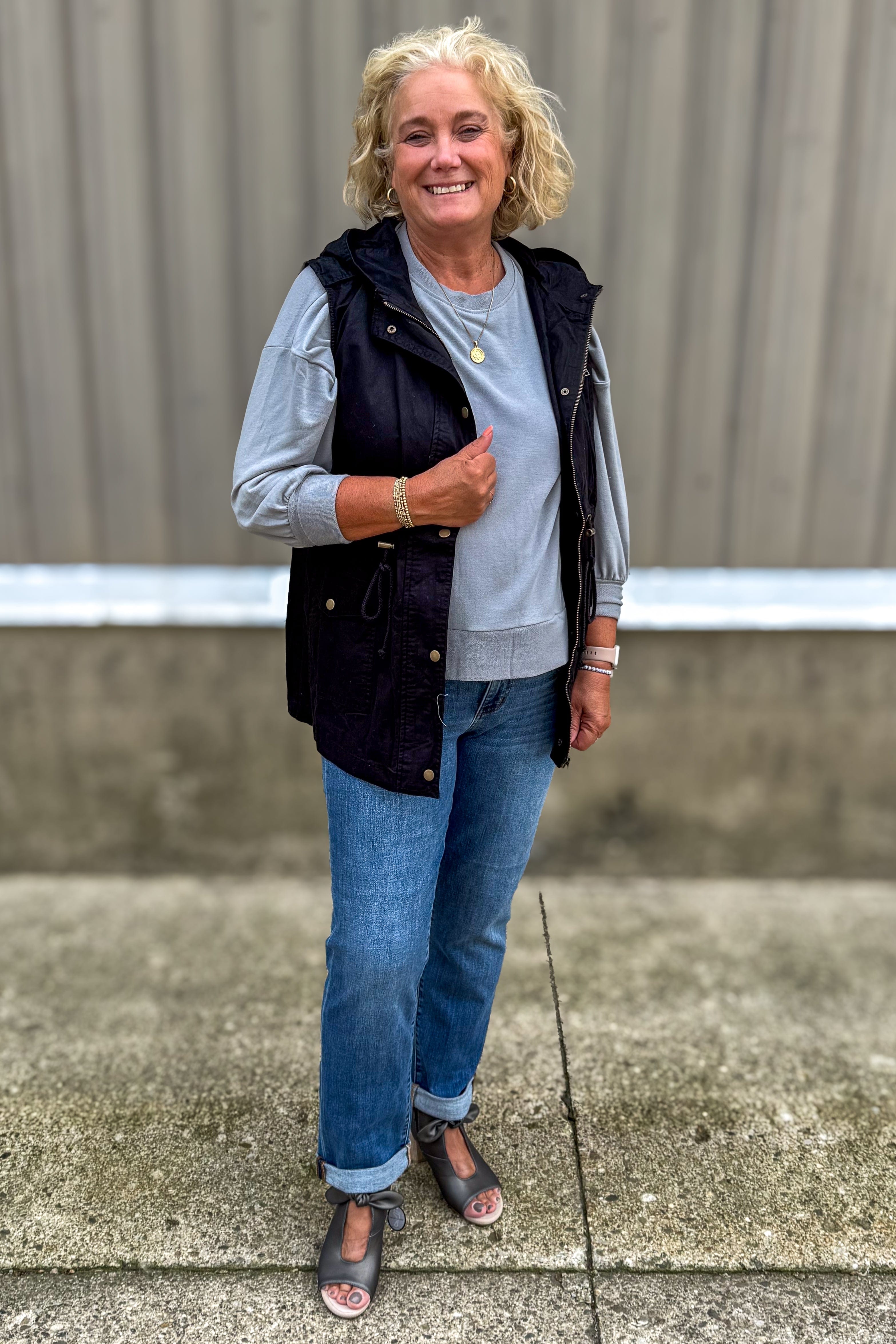 Grey Long Sleeve High-Low Top styled with vest