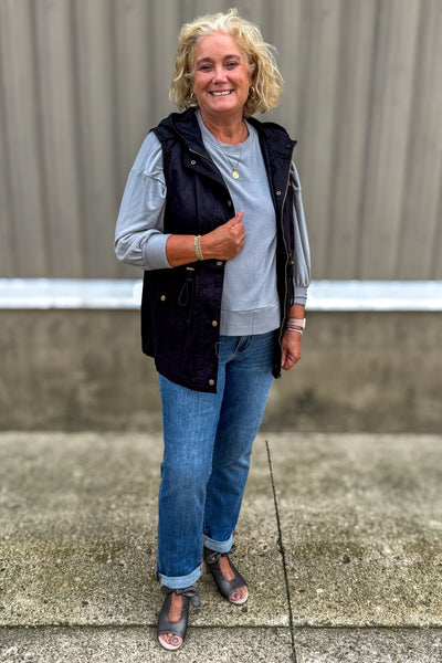 Grey Long Sleeve High-Low Top styled with vest