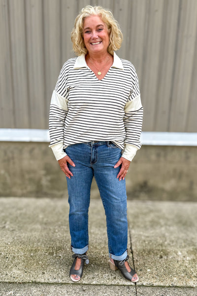 Ivory/Black Stripe Collared Pullover styled