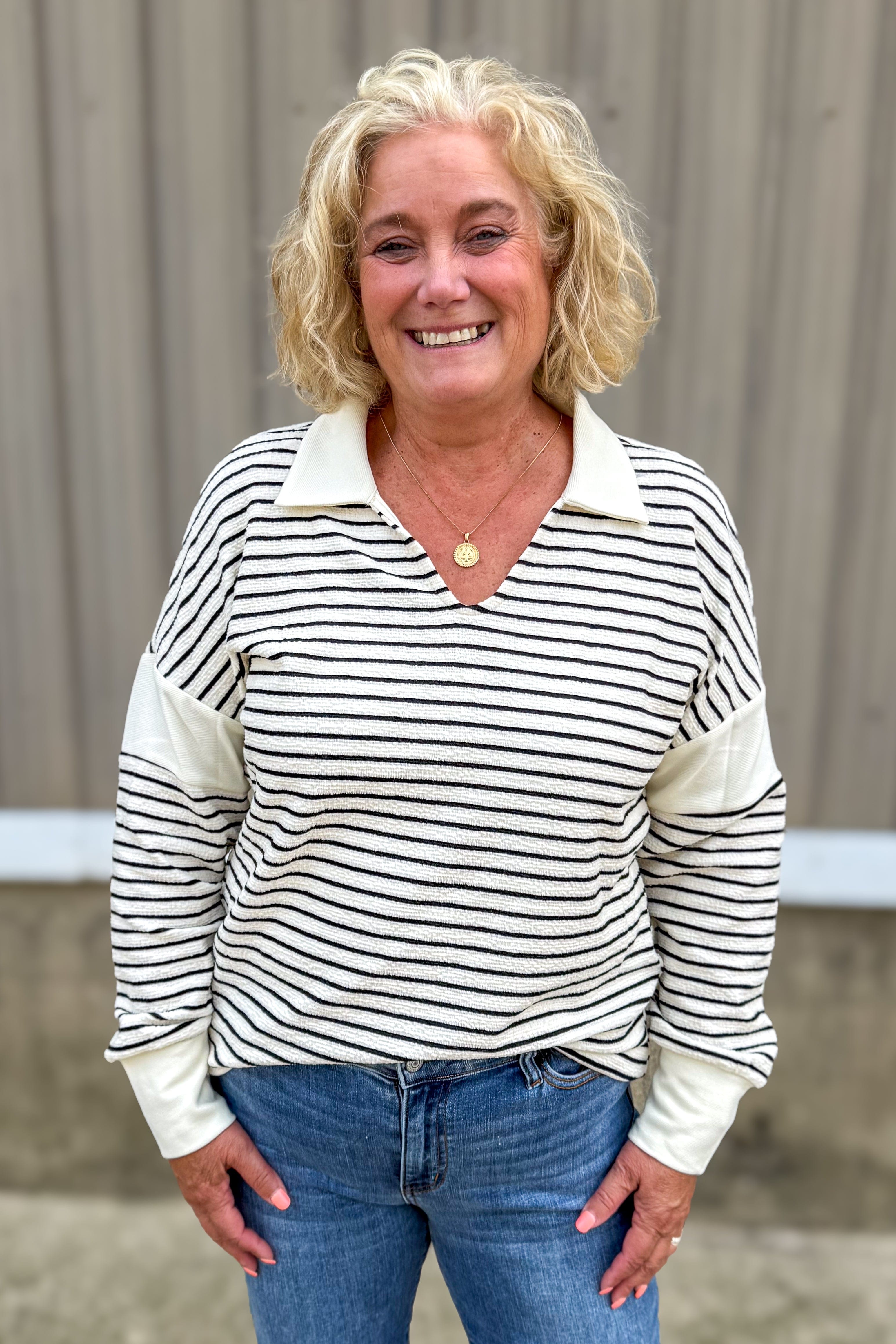 Ivory/Black Stripe Collared Pullover