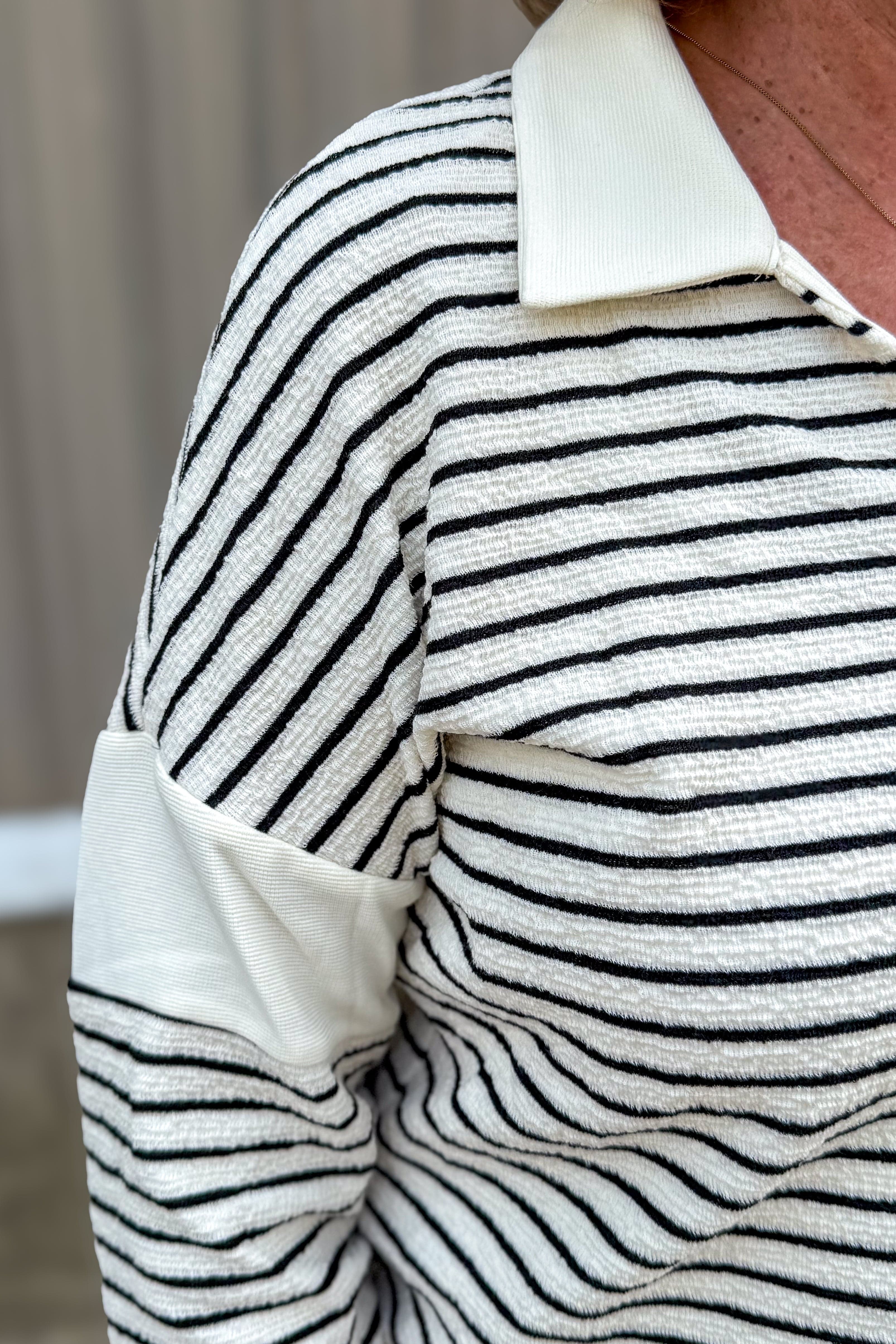 Ivory/Black Stripe Collared Pullover detail
