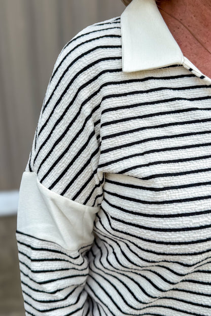 Ivory/Black Stripe Collared Pullover detail