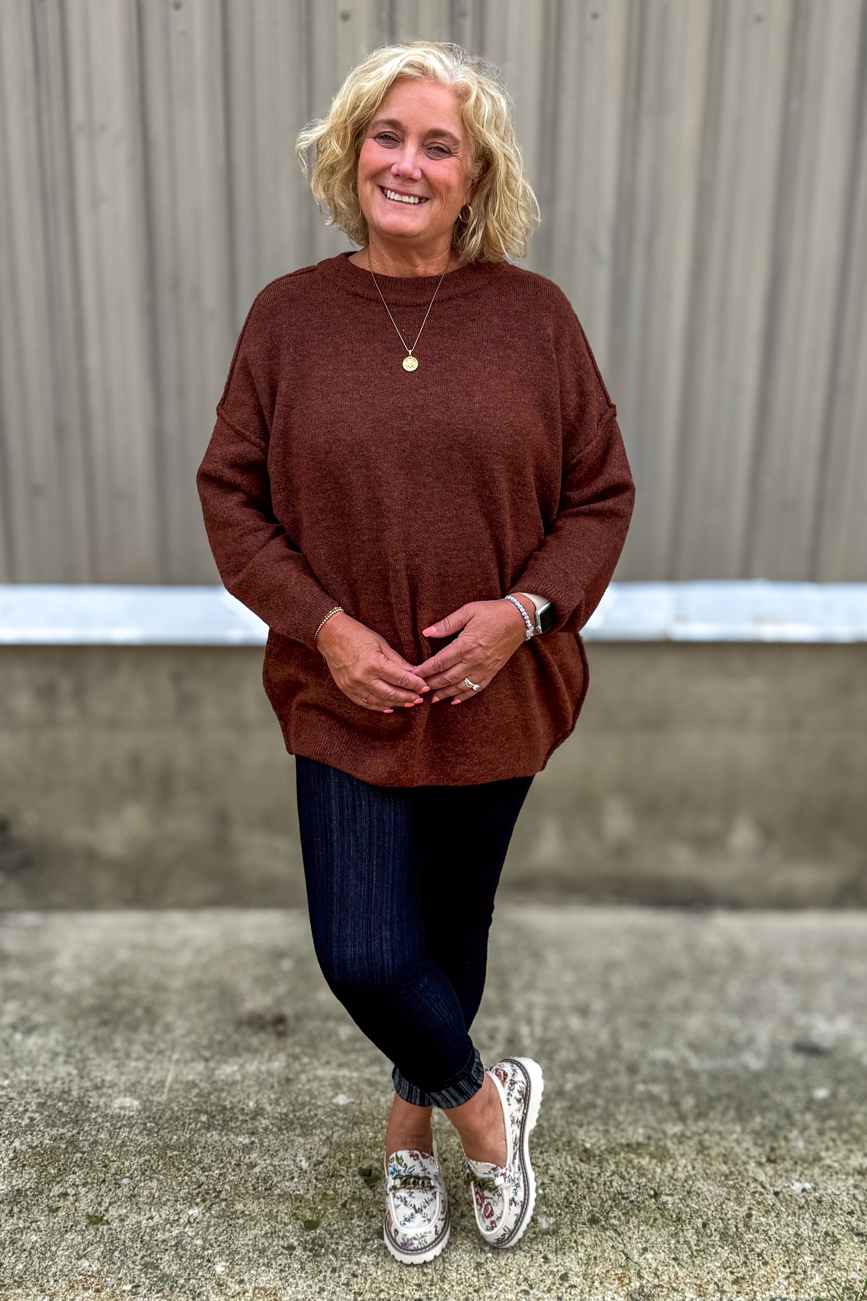 Heather Brown Oversized Raw Seam Sweater