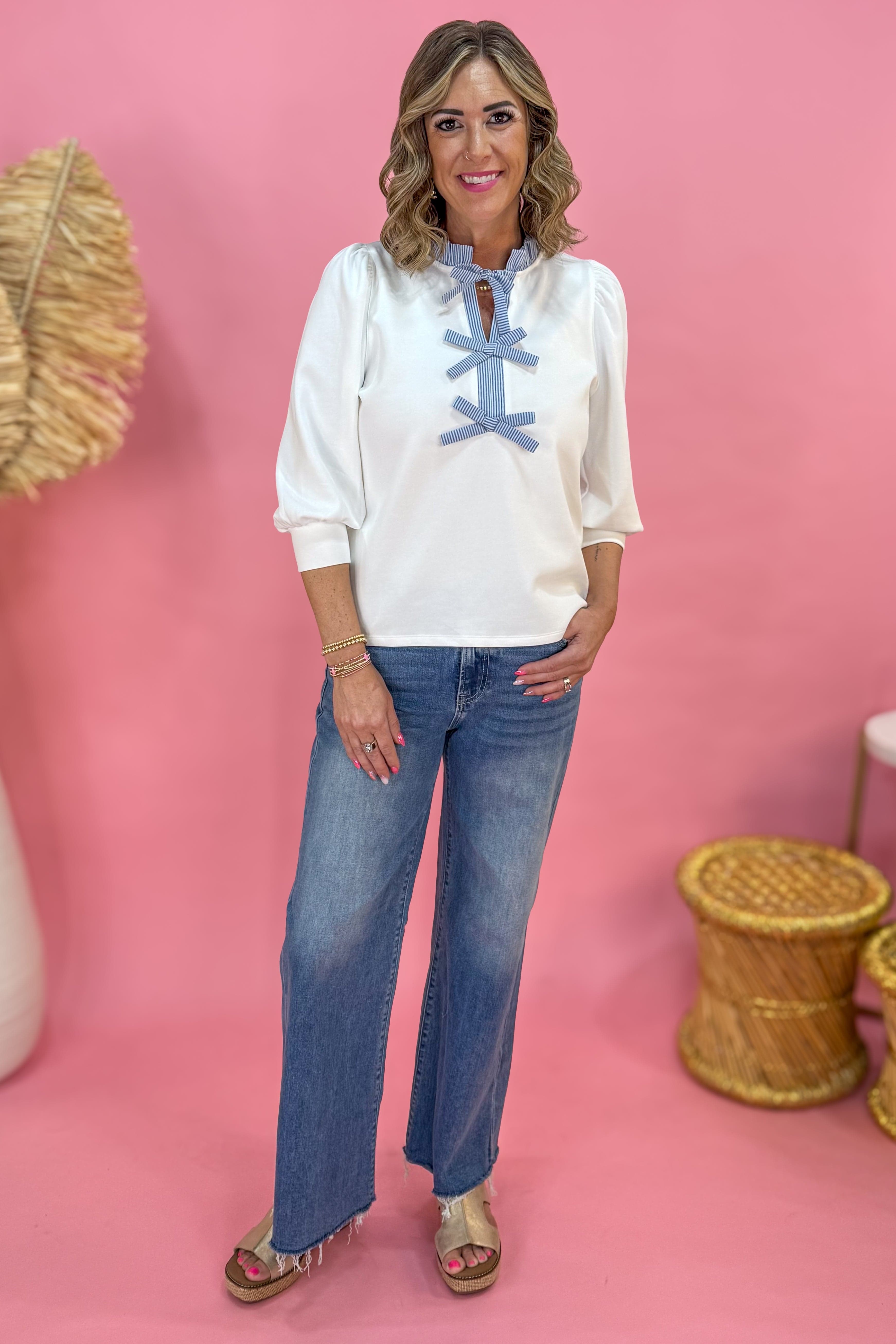 Off White Puff Sleeve Bow Detail Top Styled