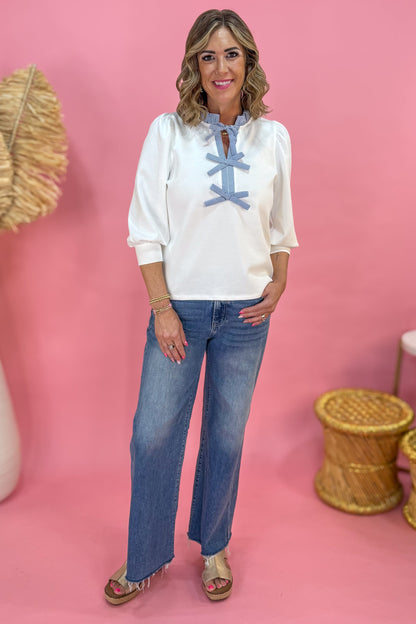 Off White Puff Sleeve Bow Detail Top Styled
