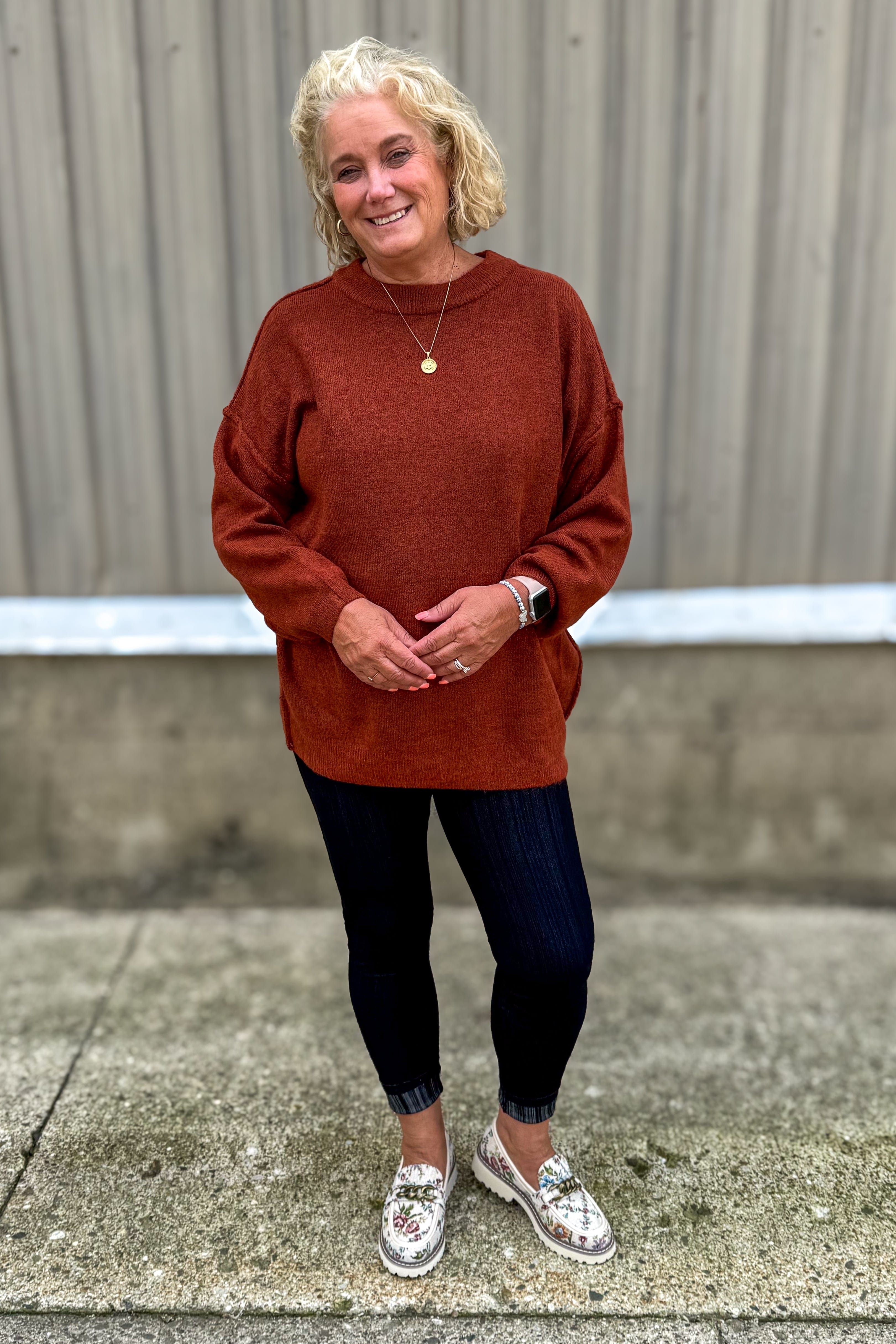 Heather Rust Oversized Raw Seam Sweater styled