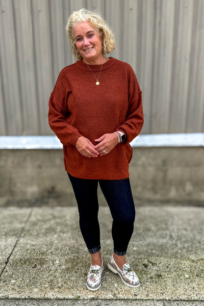 Heather Rust Oversized Raw Seam Sweater styled