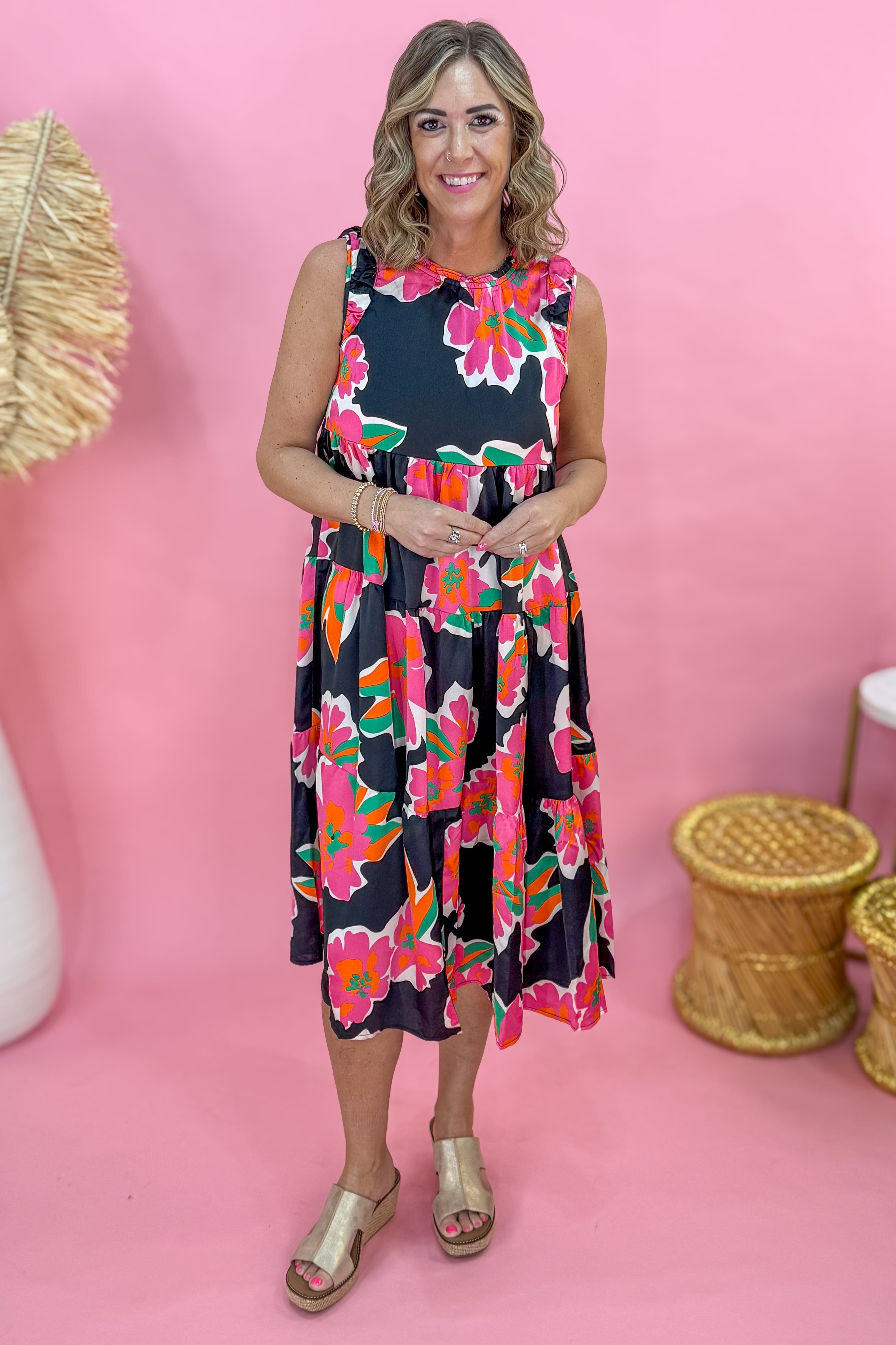 Black Mix Floral Sleeveless Tiered Maxi Dress