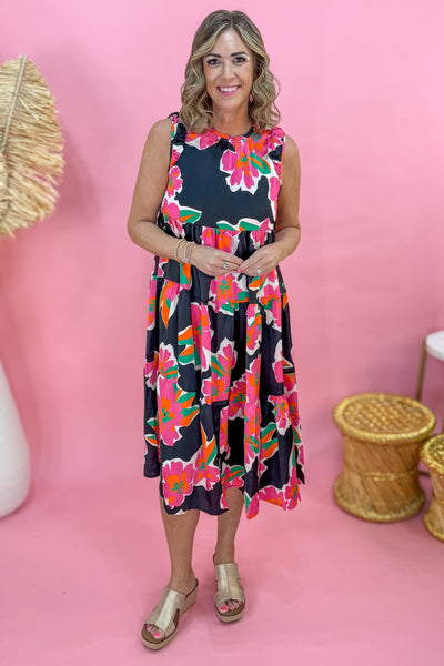Black Mix Floral Sleeveless Tiered Maxi Dress