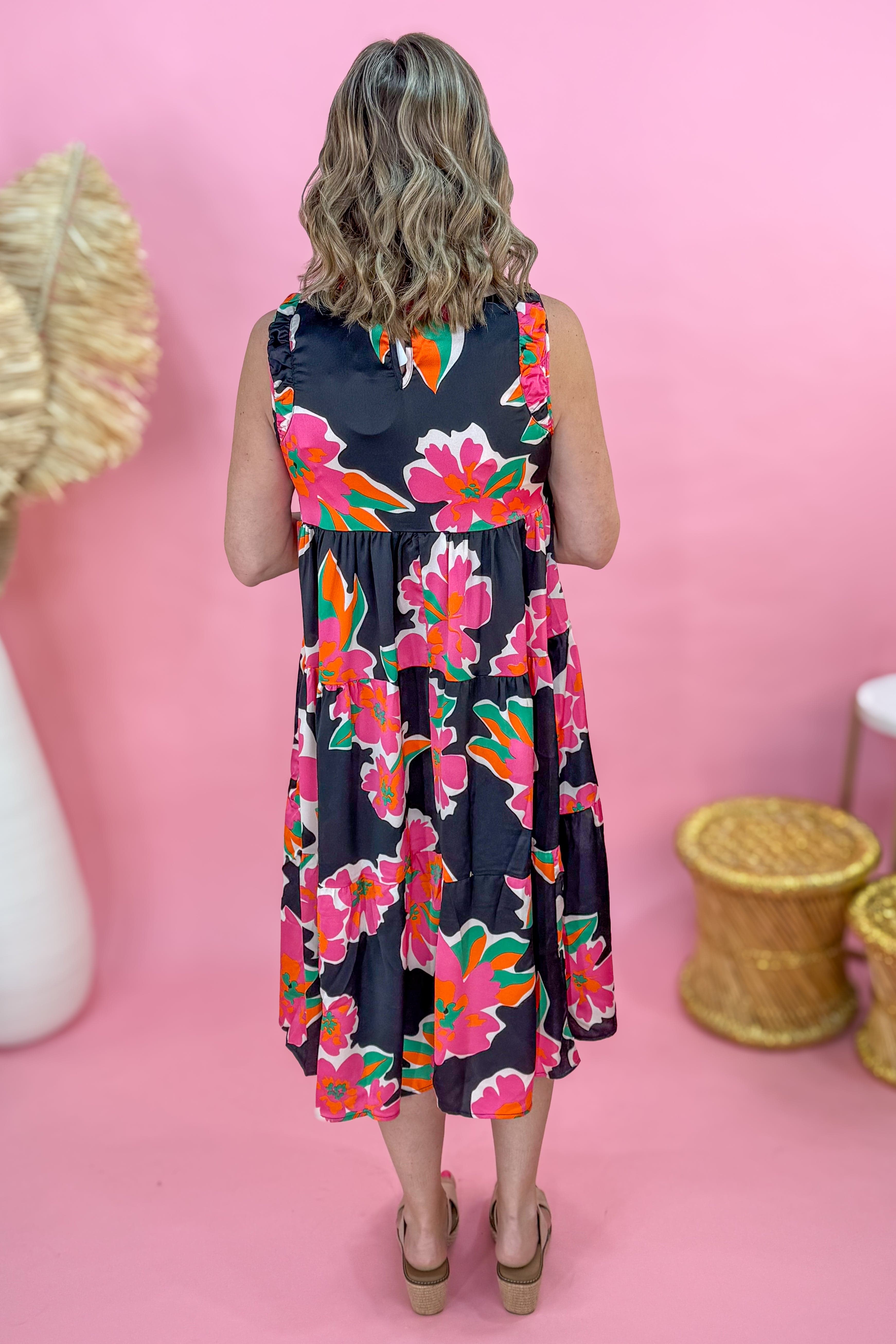 Black Mix Floral Sleeveless Tiered Maxi Dress Back