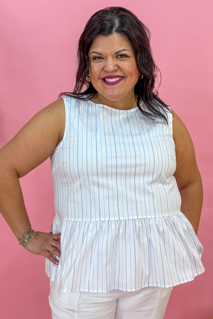 White & Blue Stripe Peplum Tank