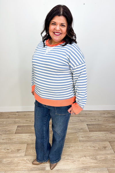 Blue & Coral Crew Neck Color Block Top styled