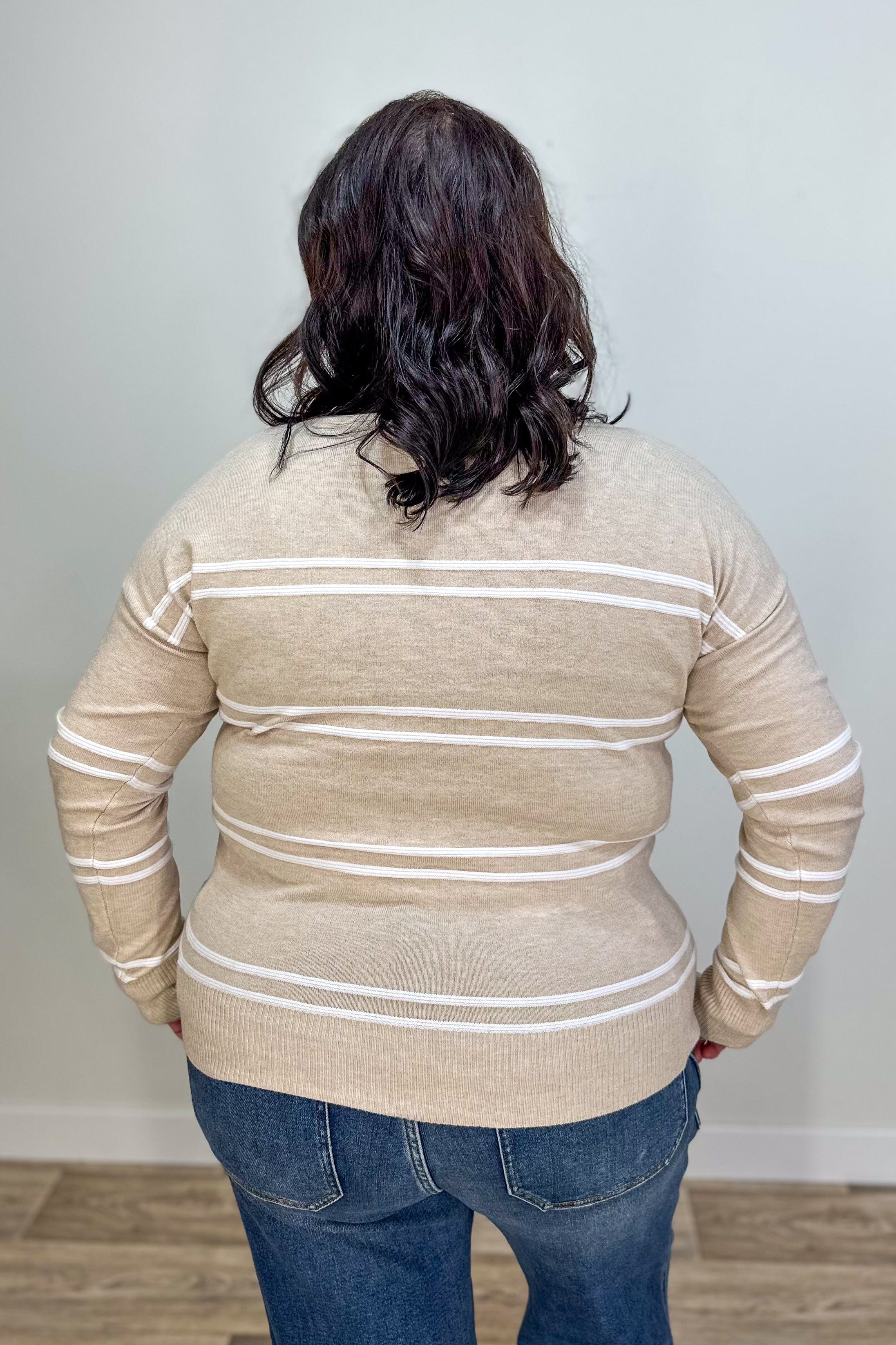 Taupe Stripe Boat Neck Sweater back