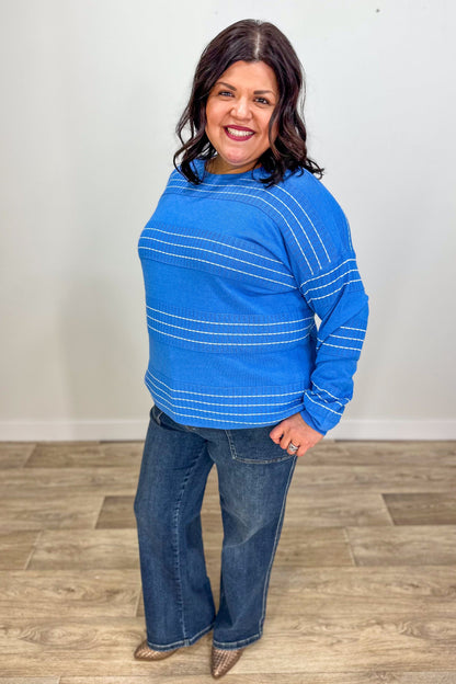 Blue Stitch Striped Crew Neck Sweater styled