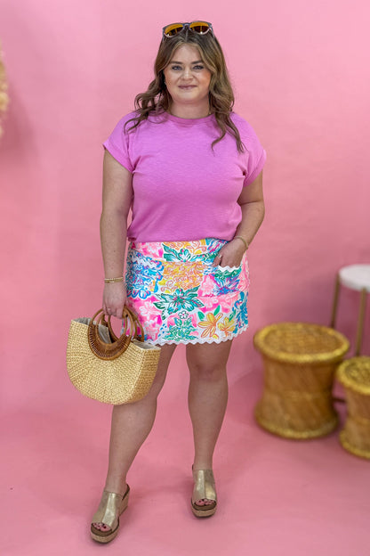 White Tropical Floral Amelie Lace Detail Hem Skort Styled