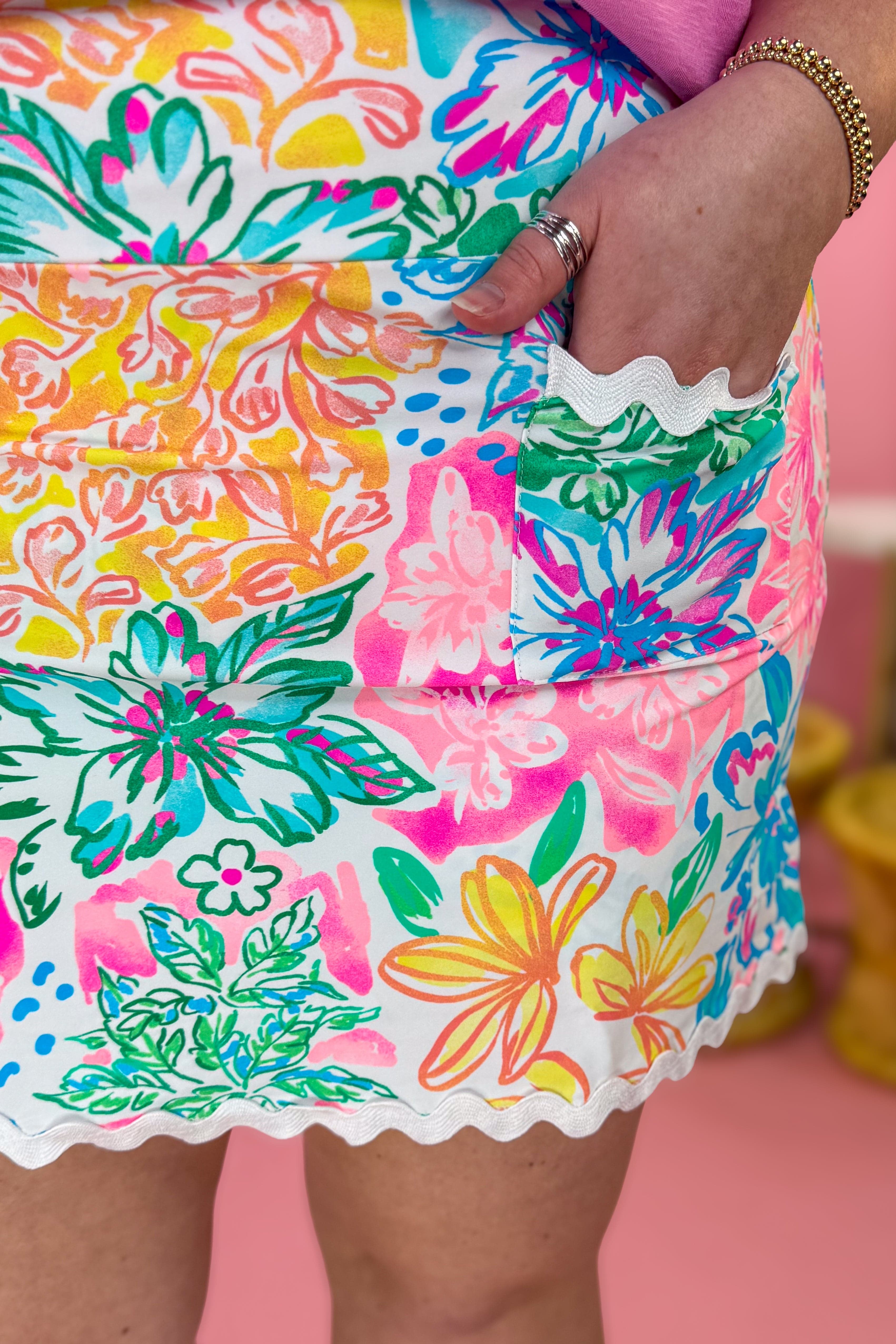 White Tropical Floral Amelie Lace Detail Hem Skort Detailed