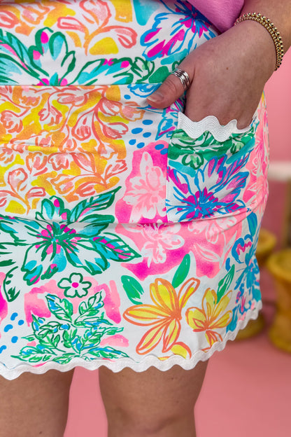 White Tropical Floral Amelie Lace Detail Hem Skort Detailed