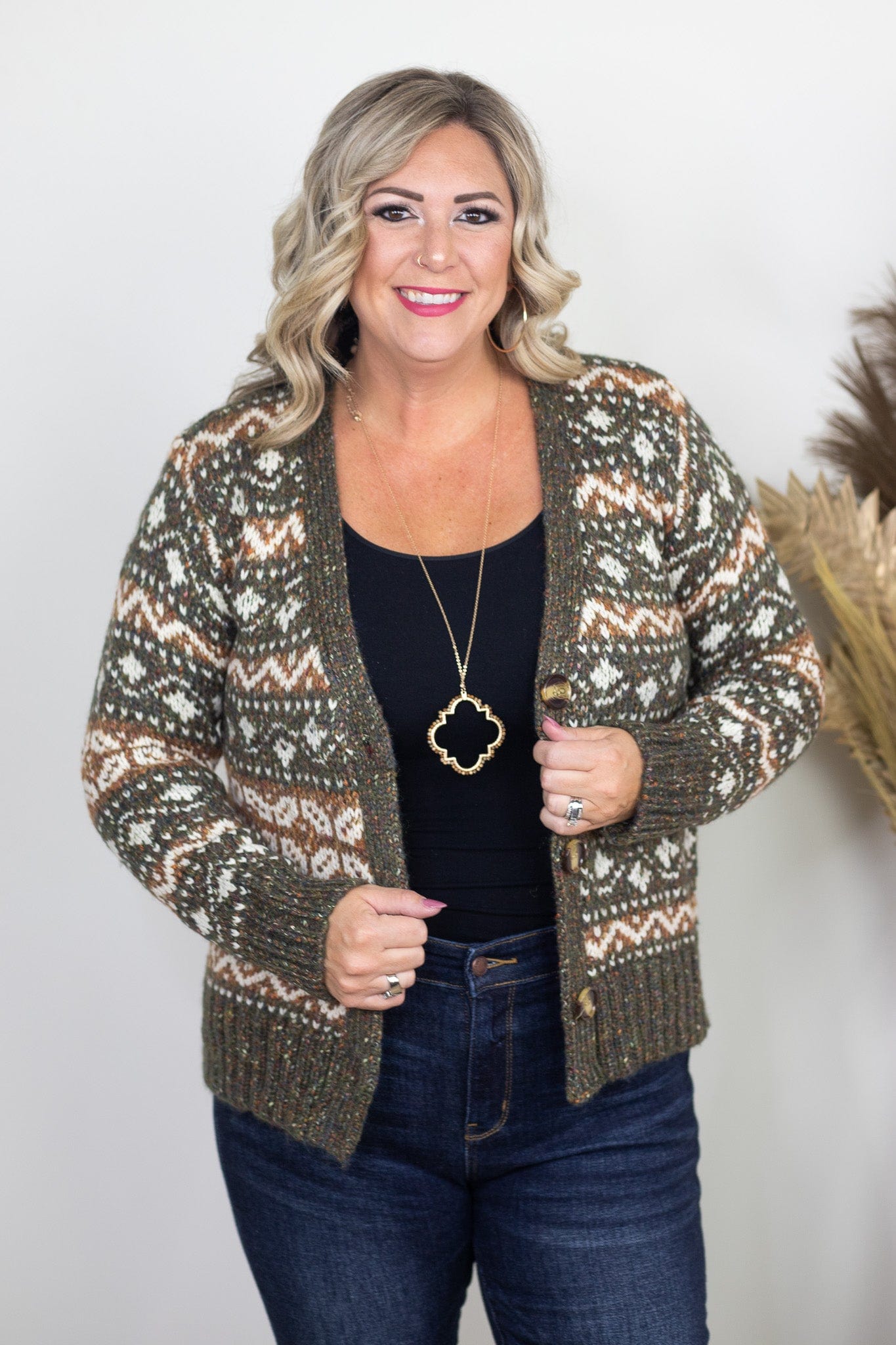 Olive Fair Isle Button Down Cardigan