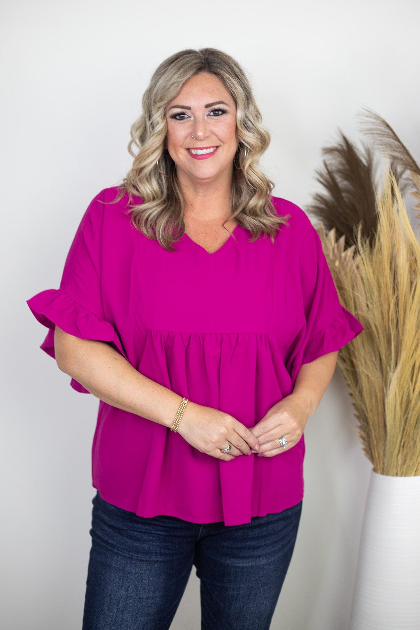 Magenta Ruffle Sleeve Blouse