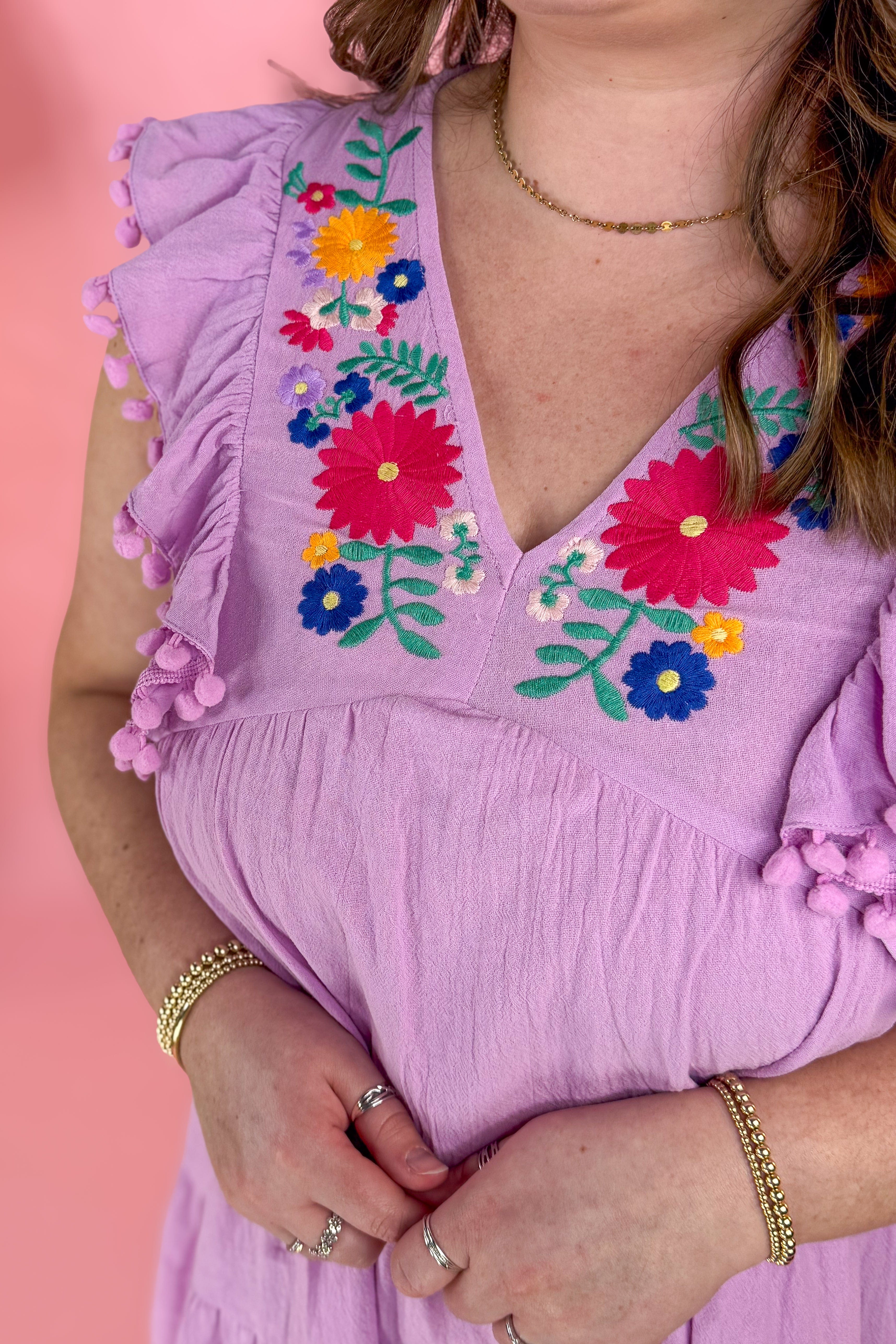 Lavender Embroidery Pom Pom Trim Ruffle Hem Dress Detailed