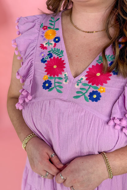 Lavender Embroidery Pom Pom Trim Ruffle Hem Dress Detailed