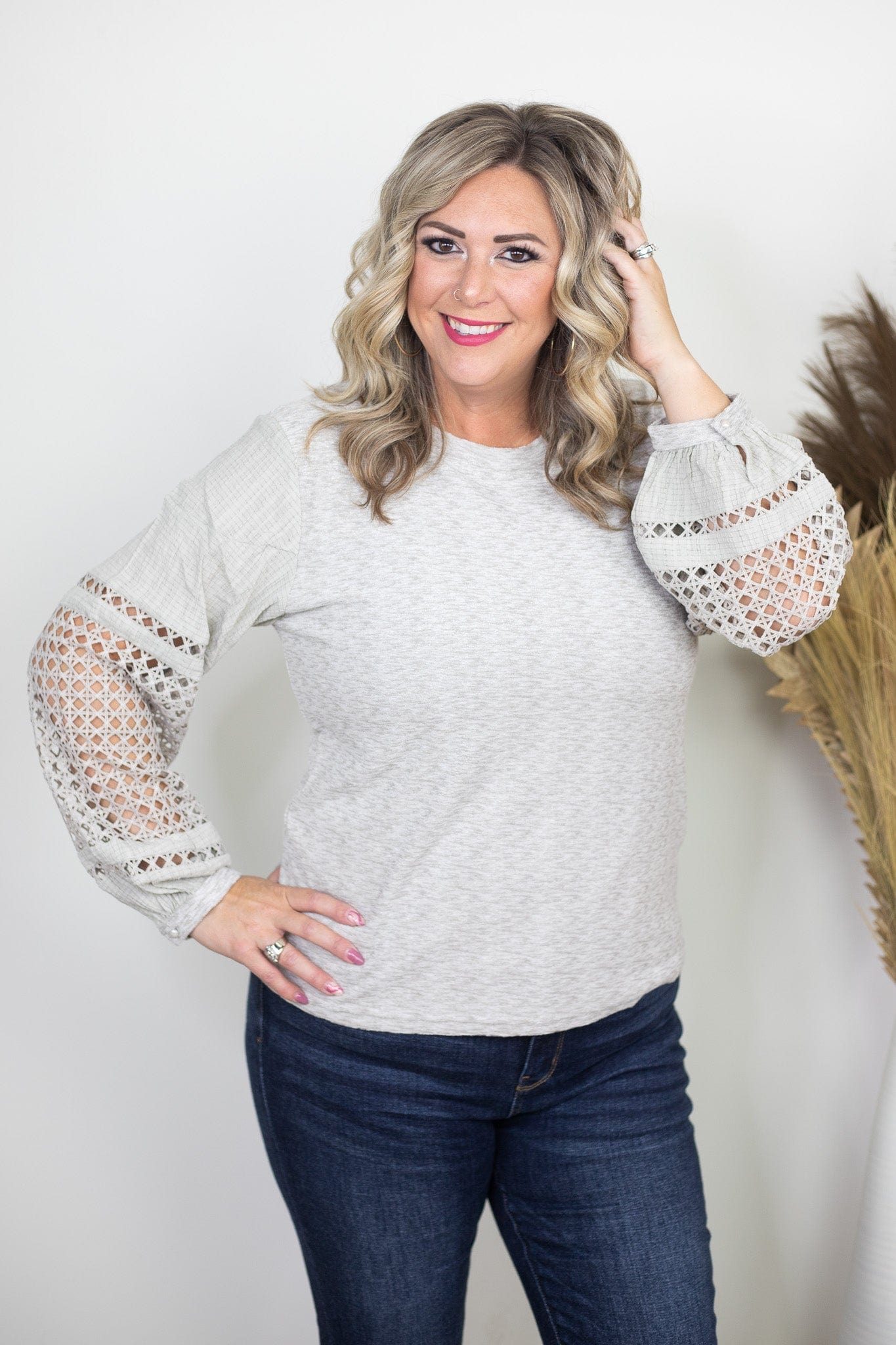 Taupe Lace & Contrast Sleeve Blouse