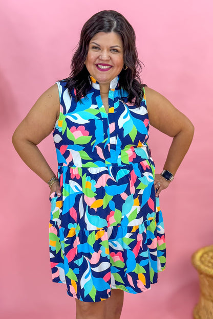 Navy & Pink Bright Abstract Floral Laison Dress