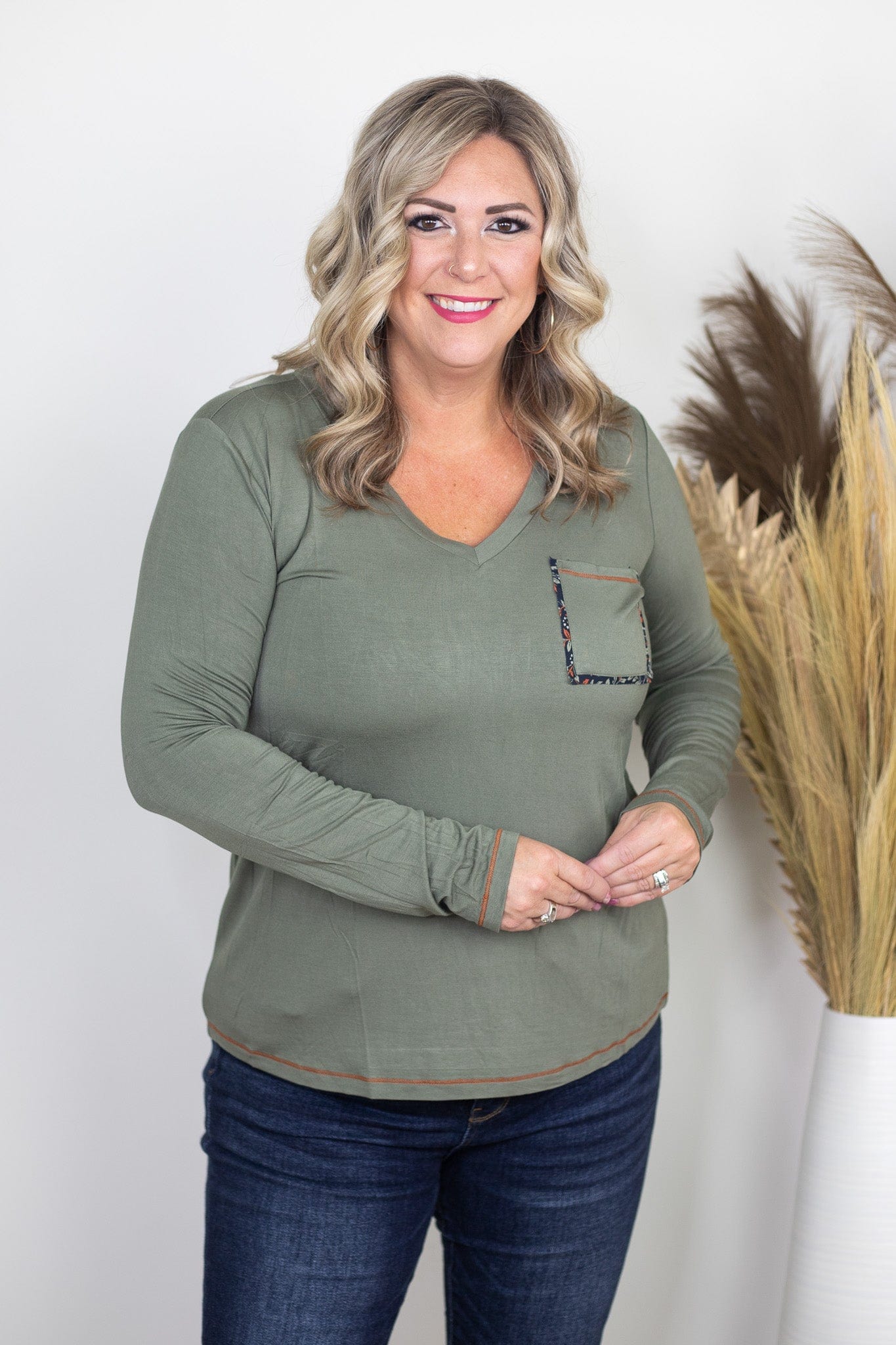 Olive Print VNeck Top