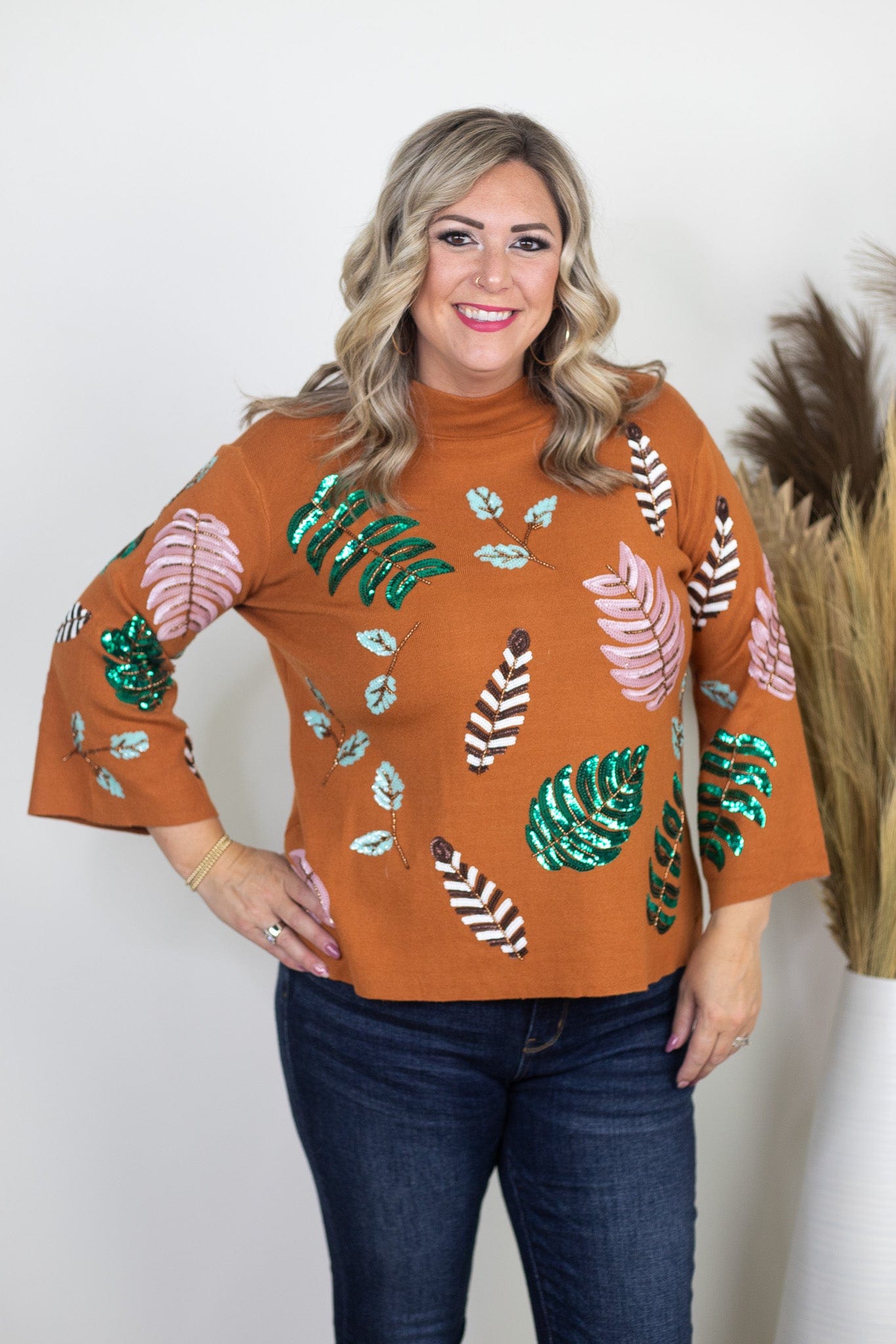 Tan Sequin Embellished Mock Neck Sweater